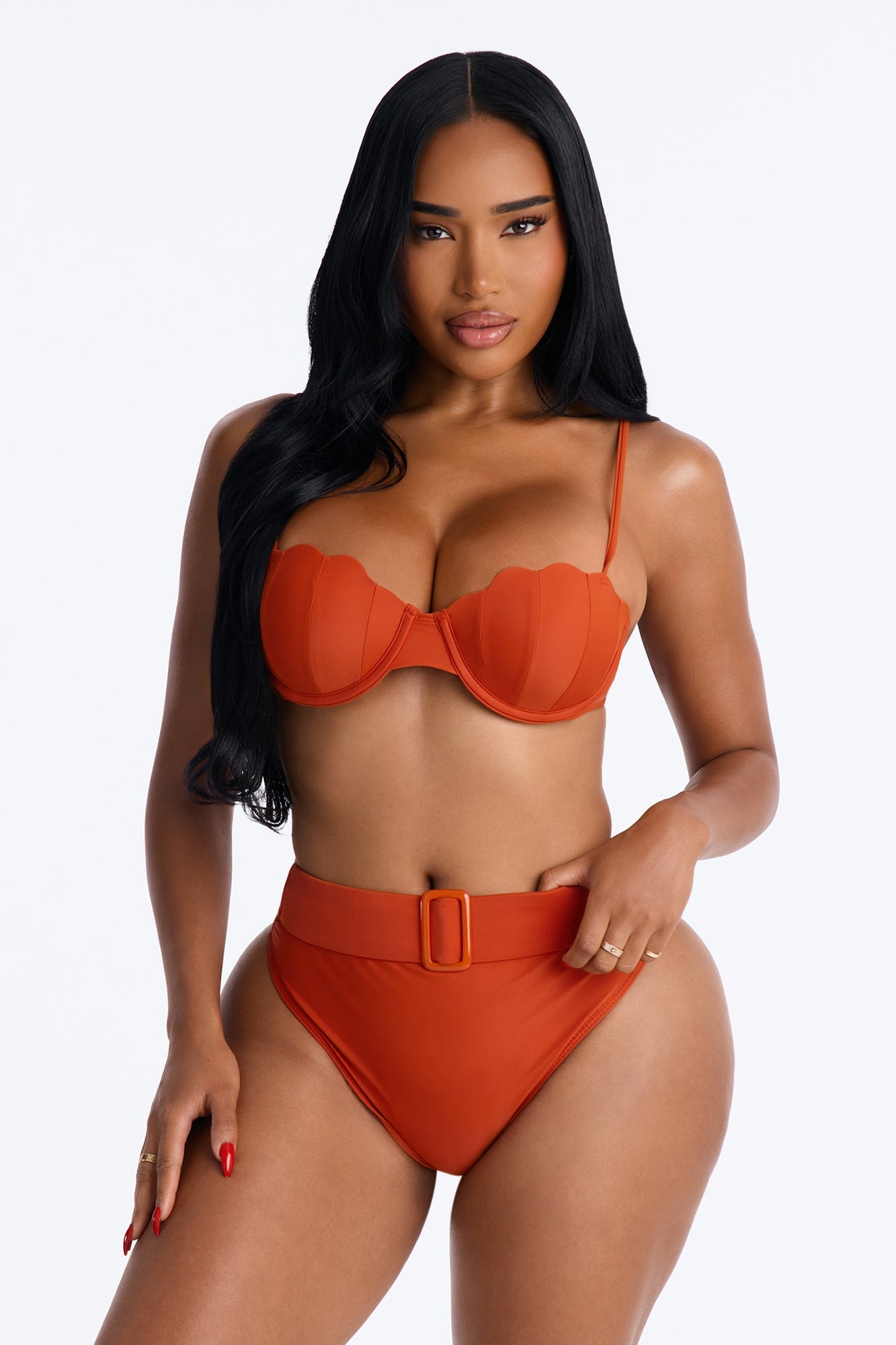 She's Ruthless 2 Piece Underwire Bikini & High Waisted Belted Bottom Set - Rust image 1