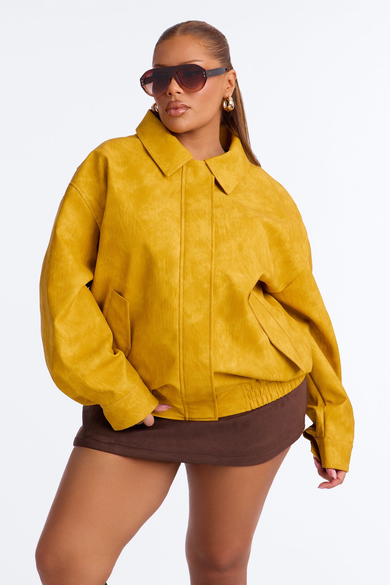 Alexis Washed Faux Leather Bomber Jacket - Mustard image 1