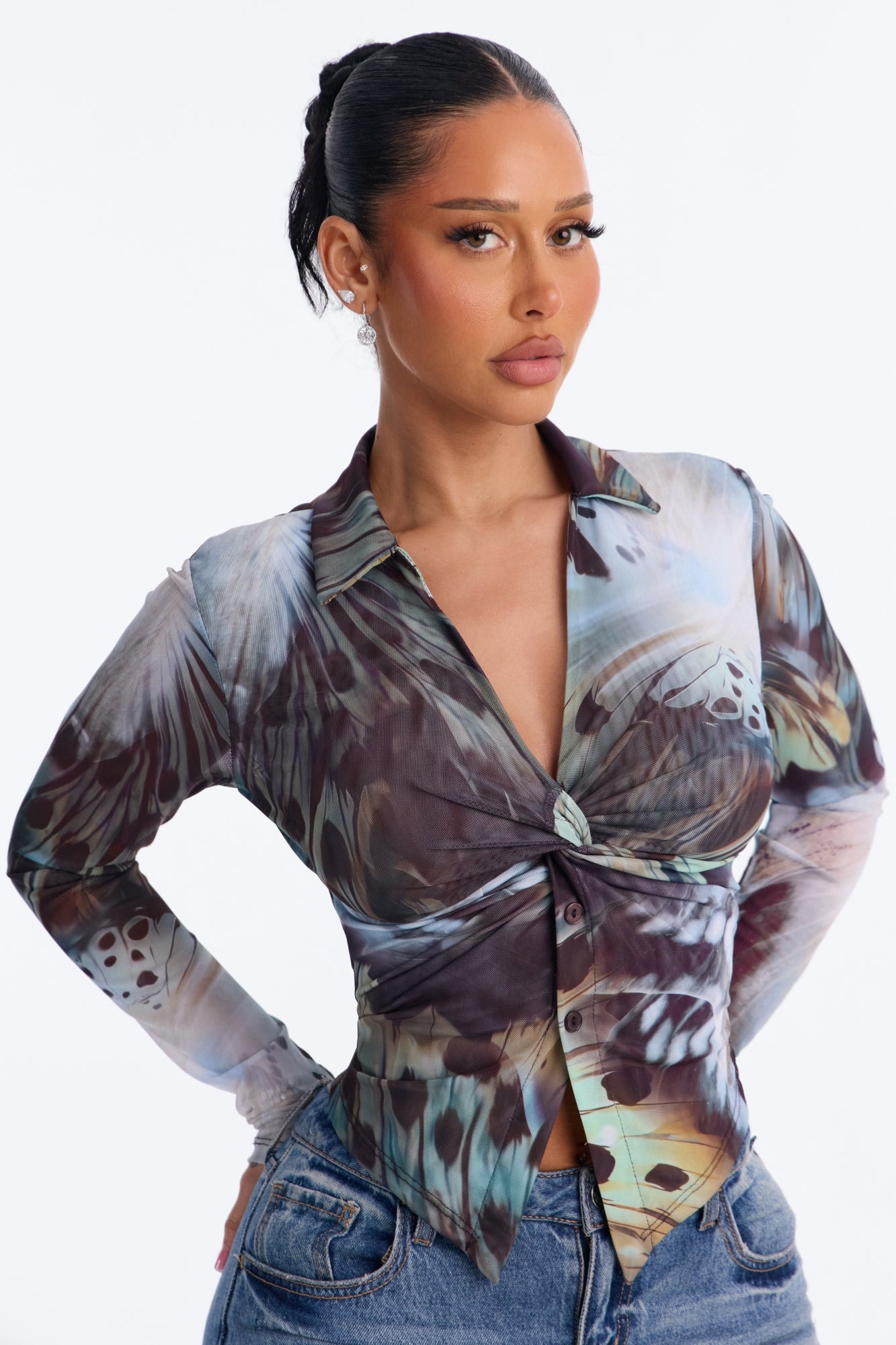 Alondra Abstract Mesh Long Sleeve Shirt - Blue/combo image 1