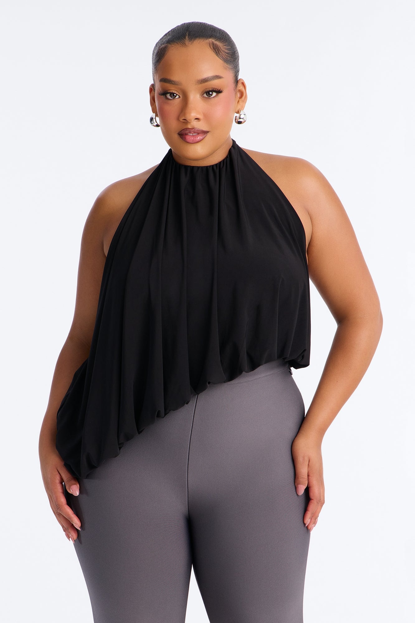 Selena Ruched Asymmetrical Halter Top - Black image 1