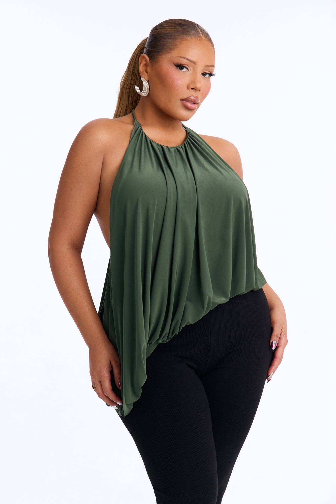 Selena Ruched Asymmetrical Halter Top - Olive image 1