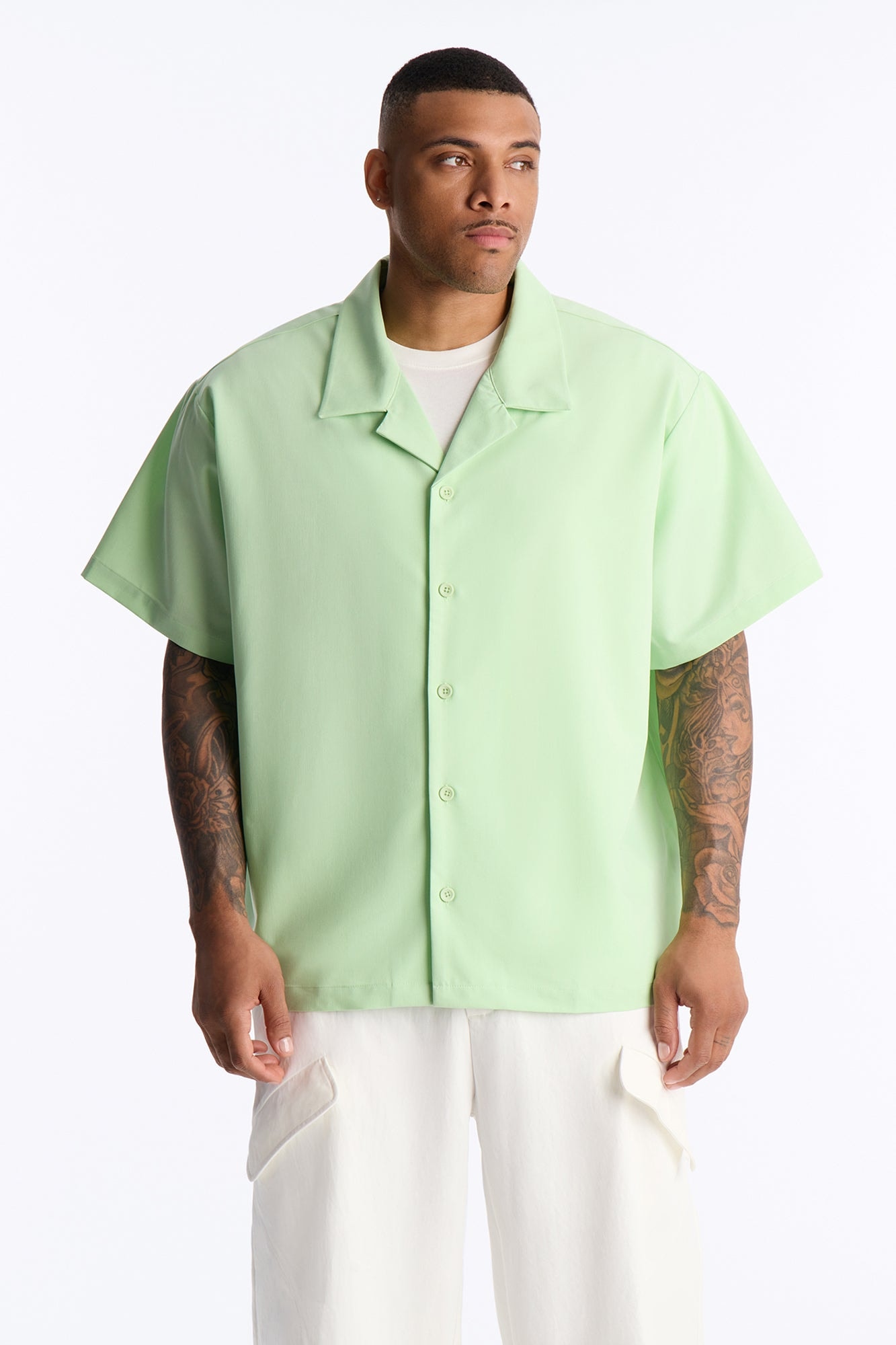 Laguna Boxy Cropped Button Up Shirt - Green image 1