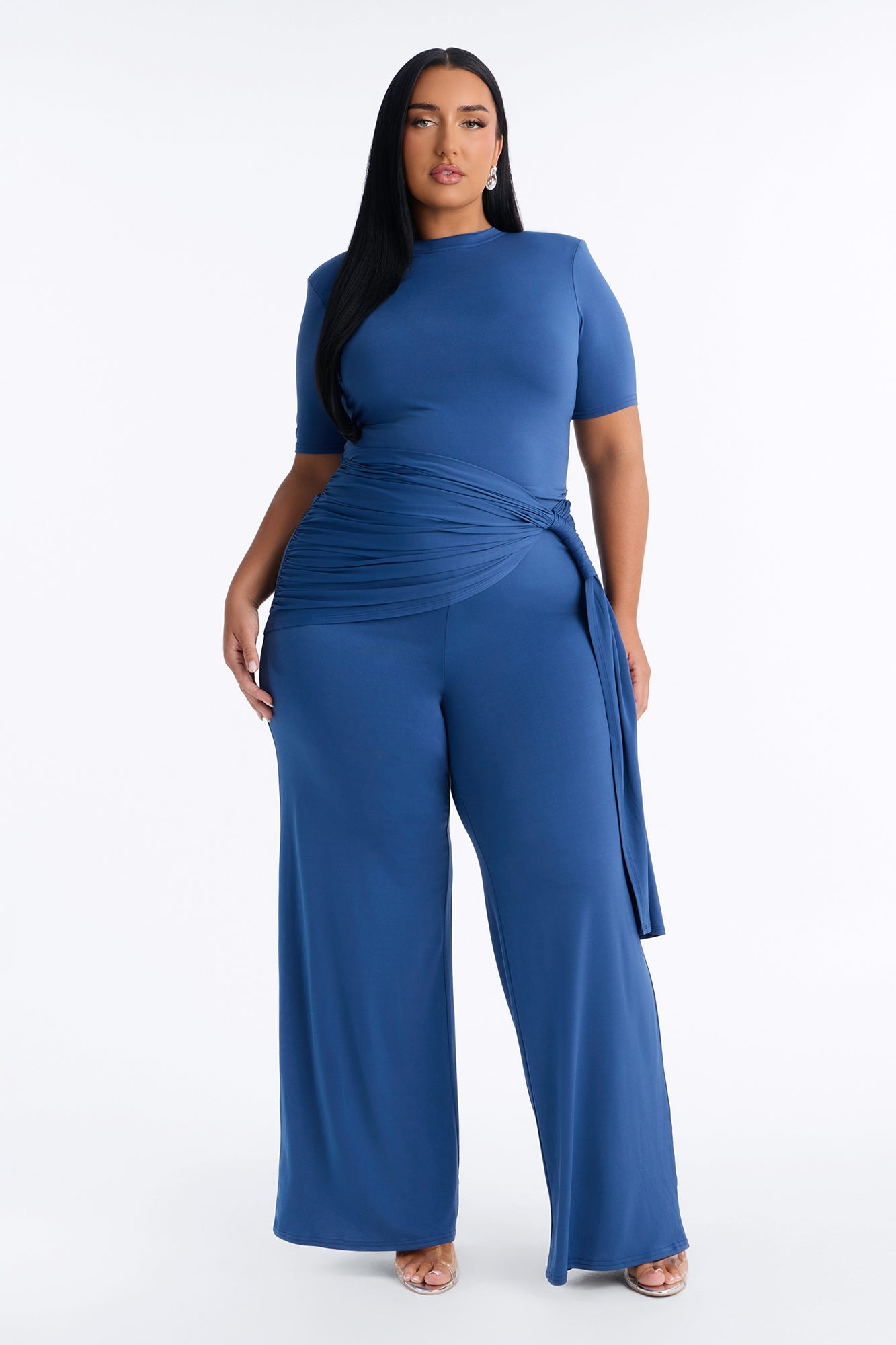 Modern Grace Draped Wide Leg Jumpsuit - Navy image 1