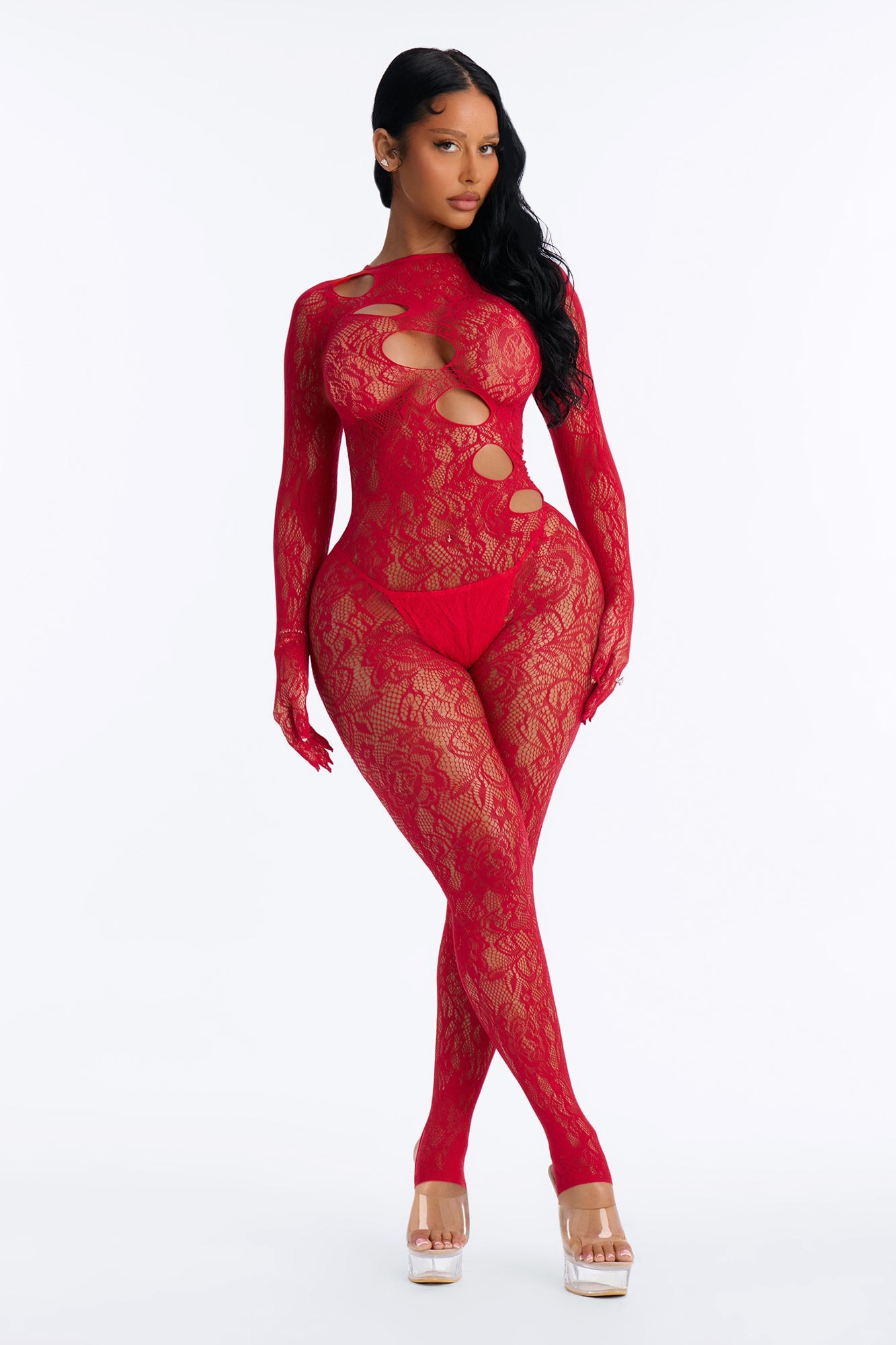 Playing Games Lace Jumpsuit Bodystocking - Red image 1