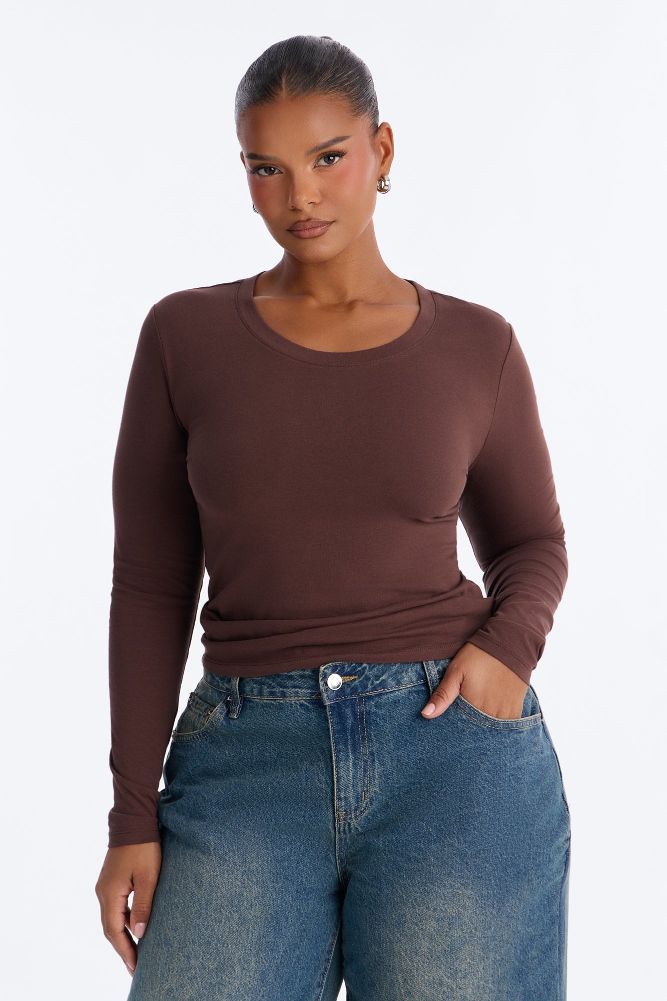 Elise Round Neck Long Sleeve Top - Mocha image 1