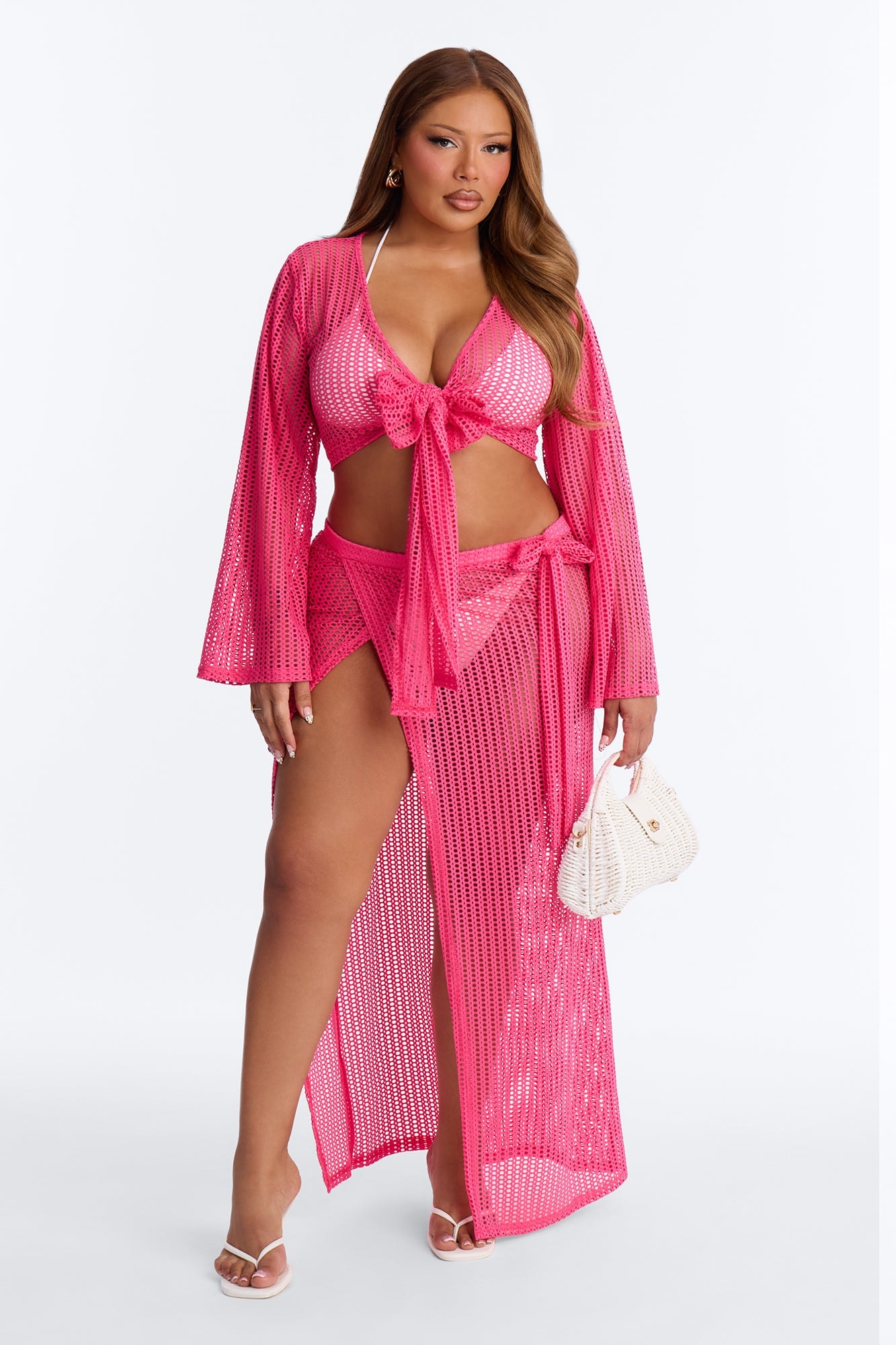 Island Breeze Crochet Fishnet Cover Up Sarong Skirt Set - Hot Pink image 1
