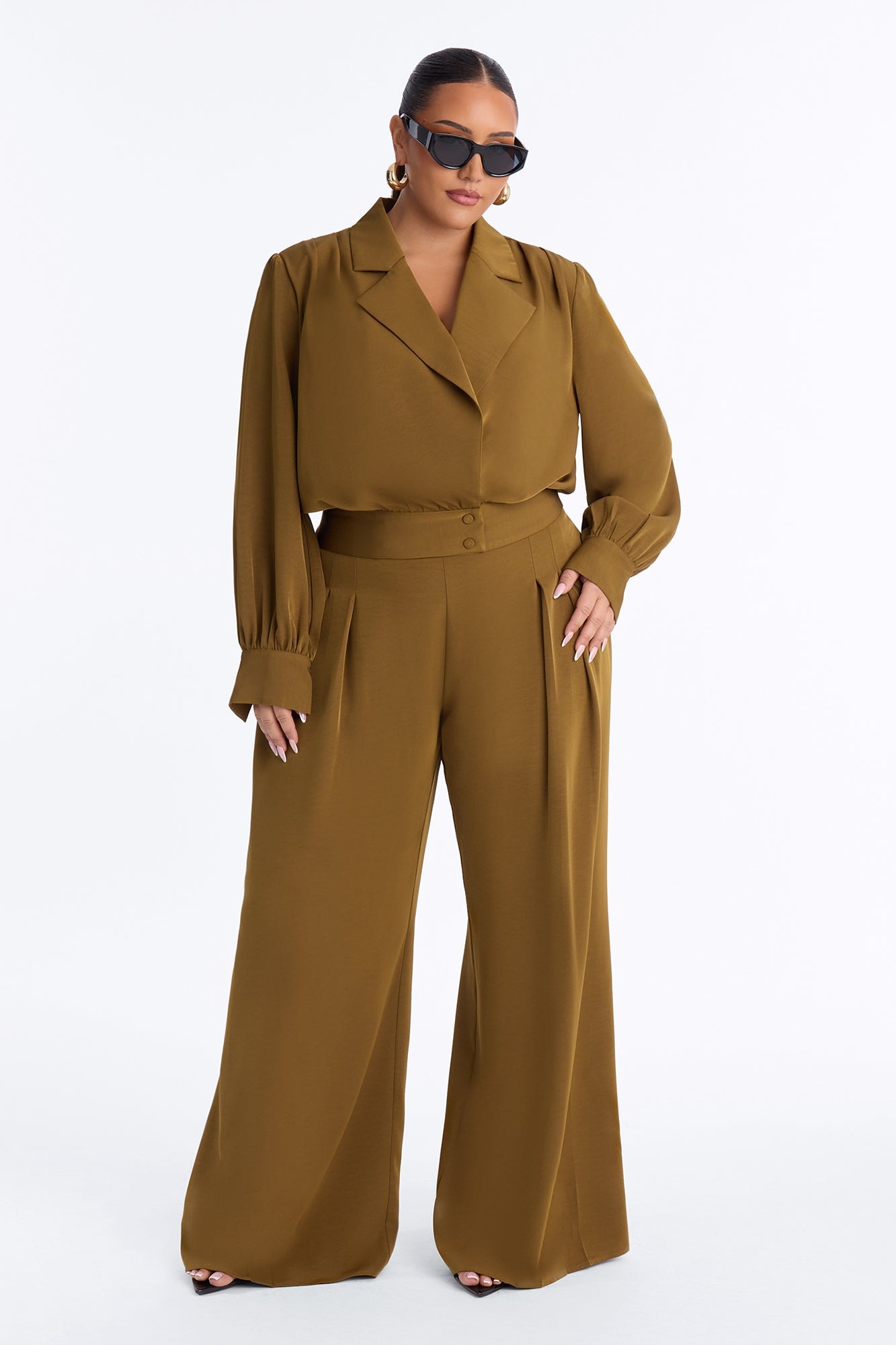 Ozella Pleated Wide Leg Pant Set - Olive image 1