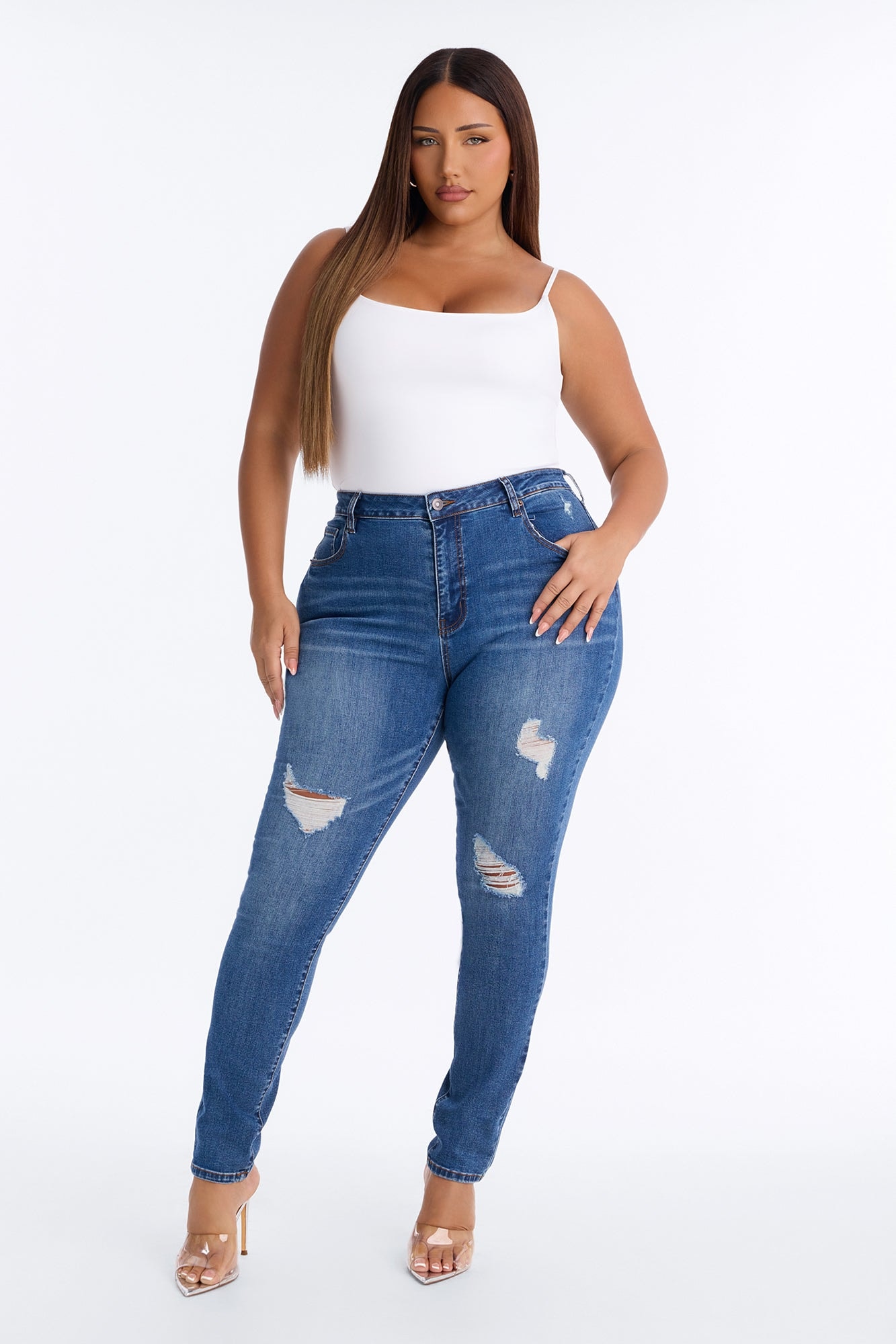 Tall Higher Frequency Stretch Ripped Skinny Jeans - Medium Wash image 1