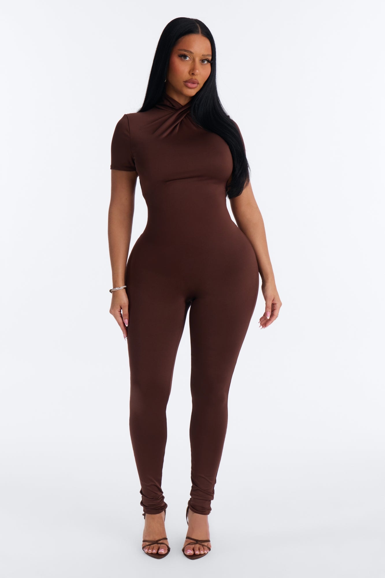 Nina Mock Neck Skinny Jumpsuit - Chocolate image 1