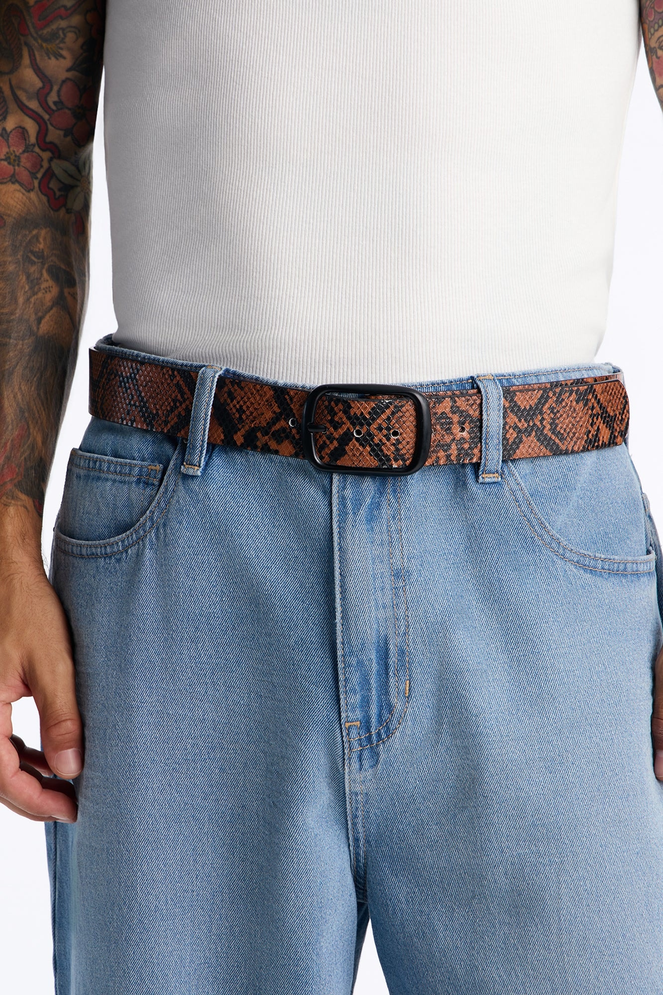 Snake Embossed Faux Leather Buckle Belt - Brown/combo image 1