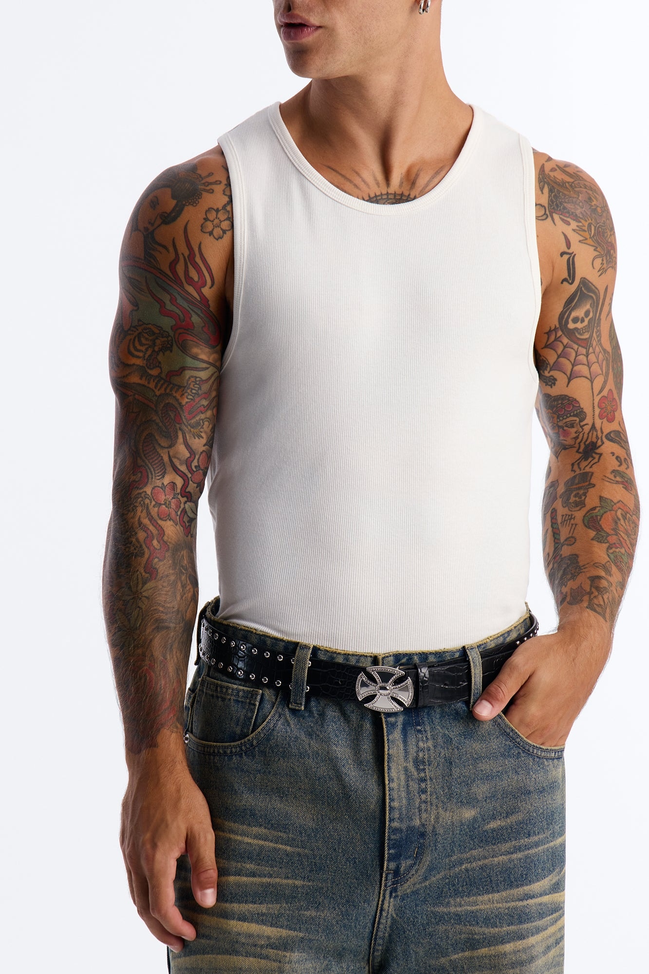 Studded Faux Leather Croc Embossed Belt - Black image 1