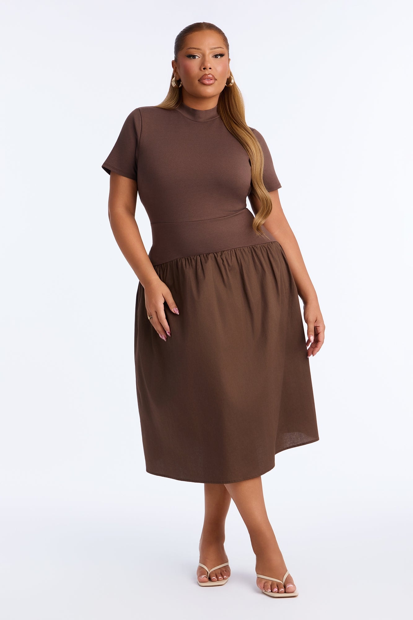 Kennedy Short Sleeve Drop Waist Midi Dress - Brown image 1