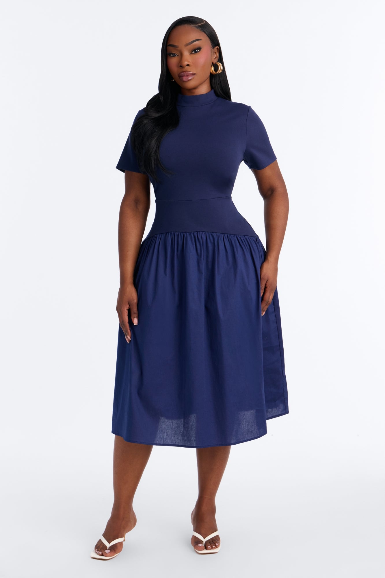 Kennedy Short Sleeve Drop Waist Midi Dress - Navy image 1