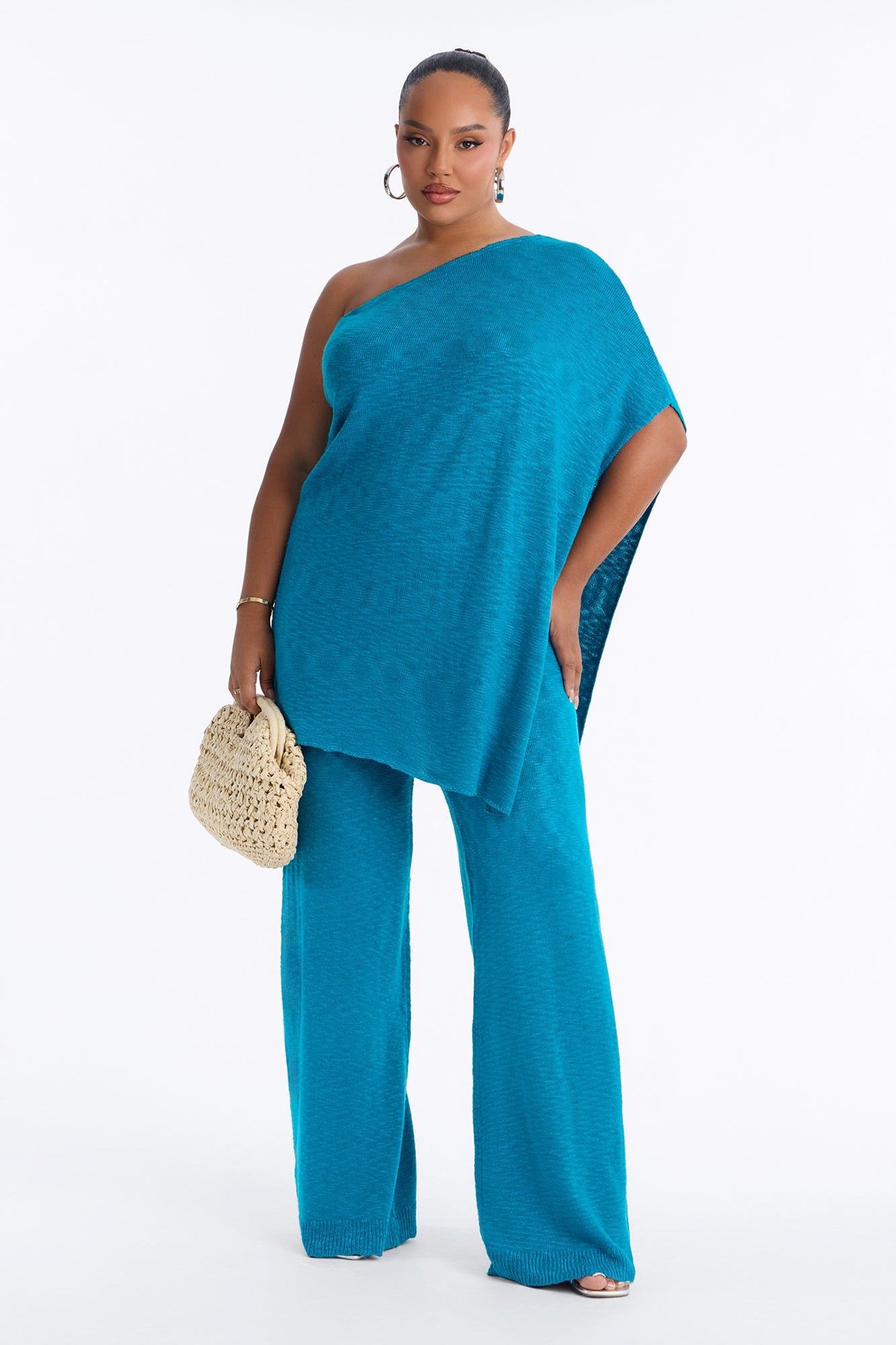 Solia One Shoulder Sweater Pant Set - Teal image 1