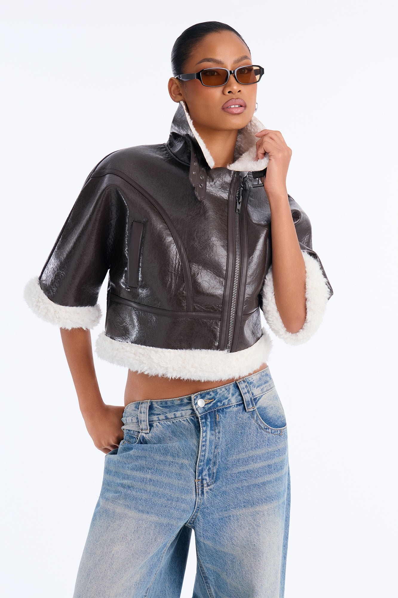 She's Sassy Short Sleeve Faux Leather Cropped Moto Jacket - Brown image 1