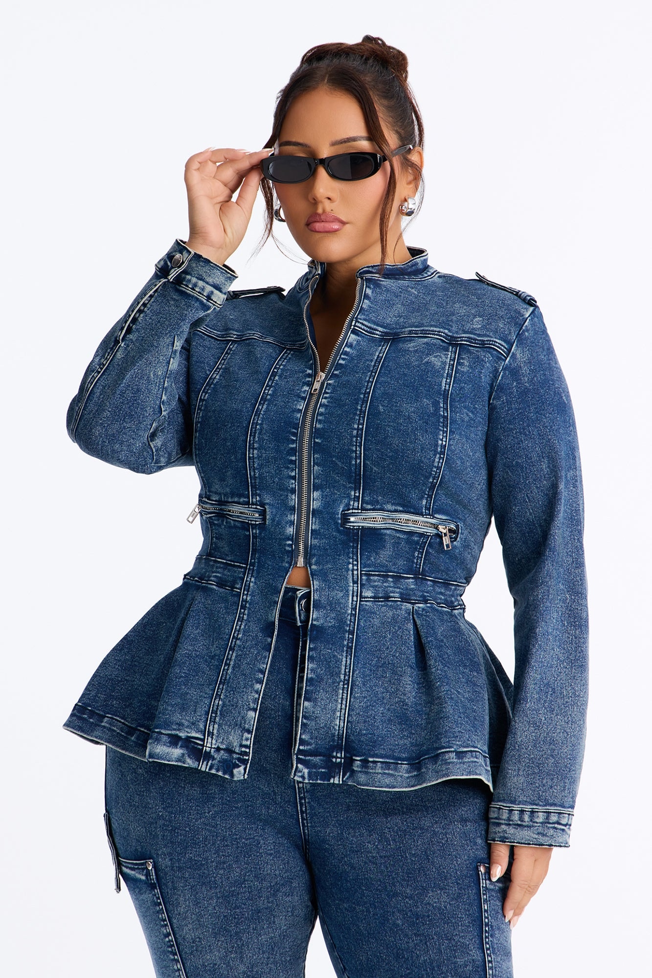 Lowkey Snatched Peplum Denim Jacket - Vintage Wash image 1