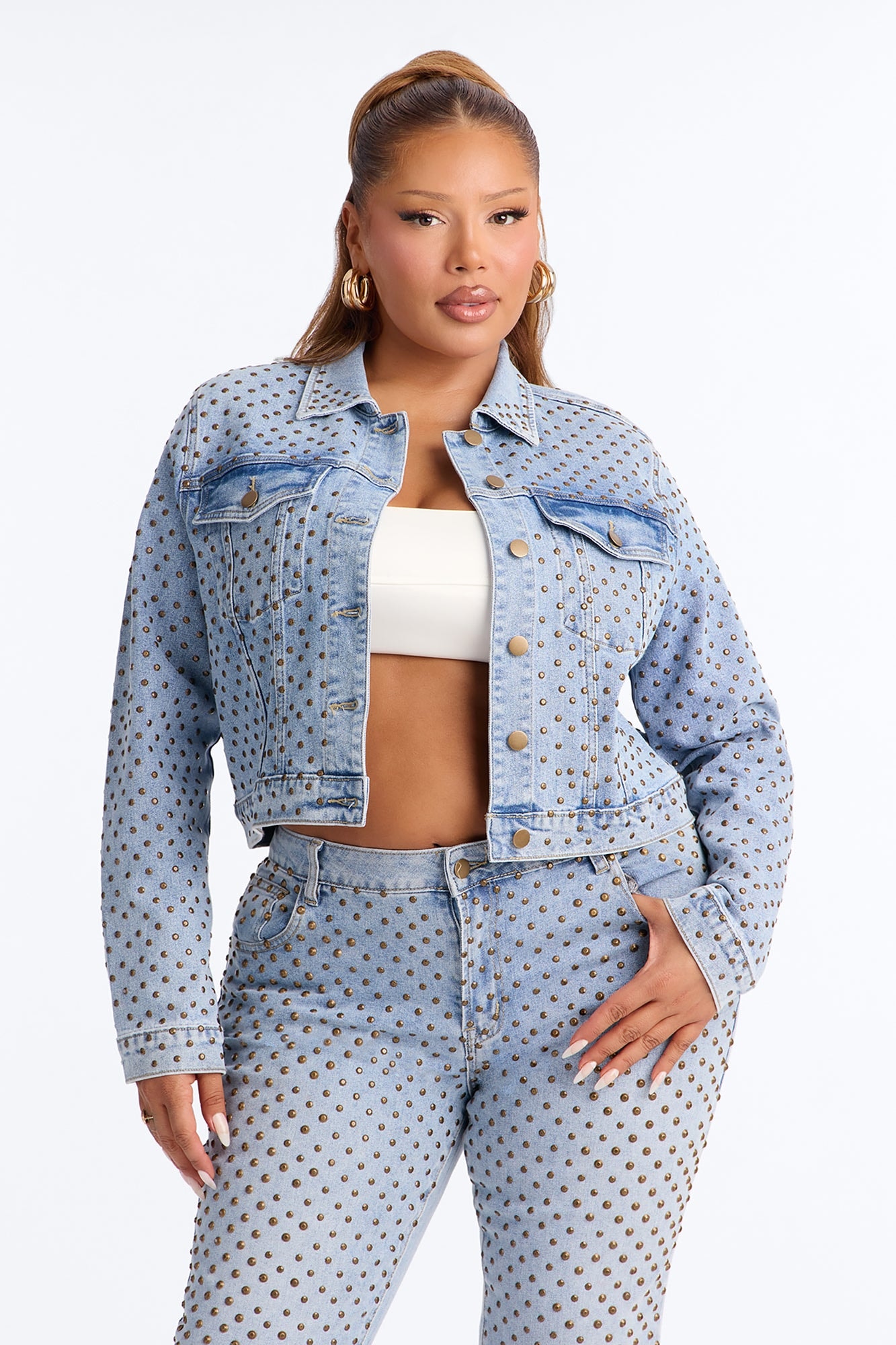 Paris Premium Stud Embellished Denim Jacket - Light Wash image 1