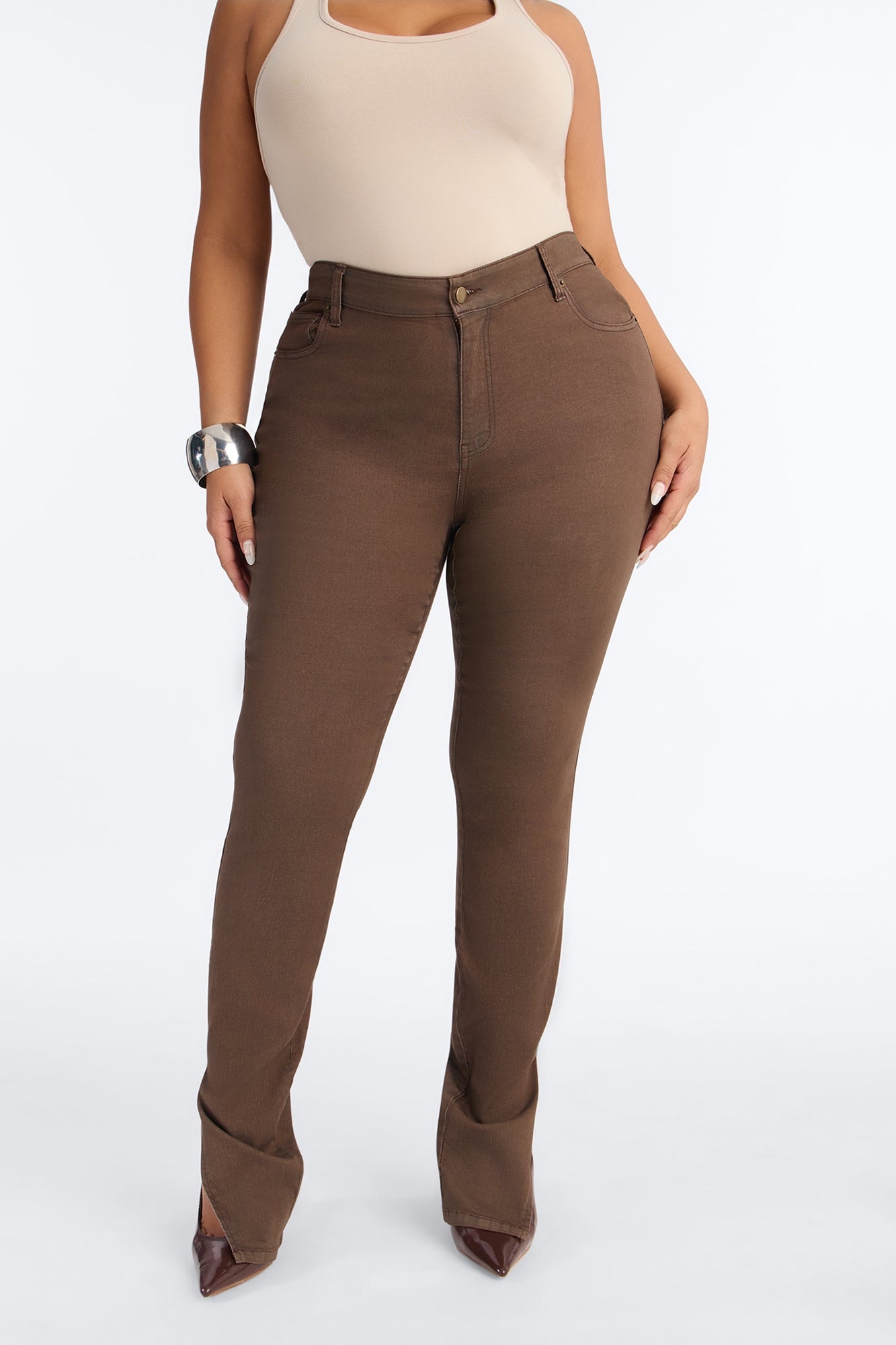 Sierra Split Hem High Rise Stretch Skinny Jeans - Brown image 1