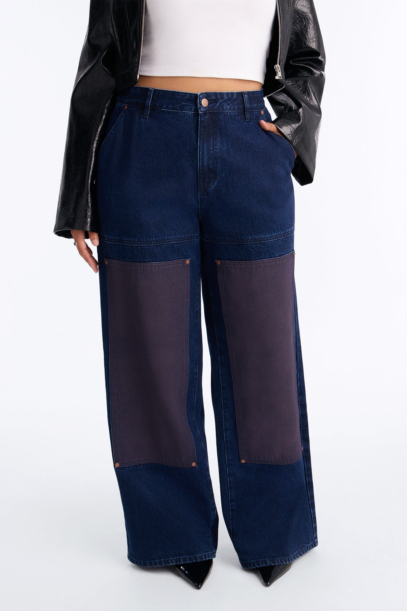 Portia Paneled Utility Baggy Jeans - Dark Wash image 1