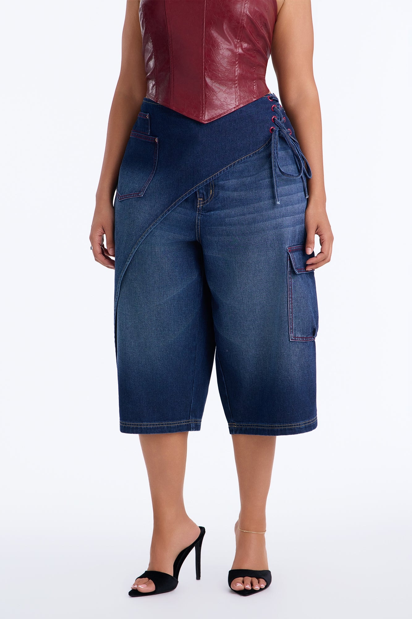 Left Unsaid Cargo Lace Up Overlay Culotte Jeans - Dark Wash image 1