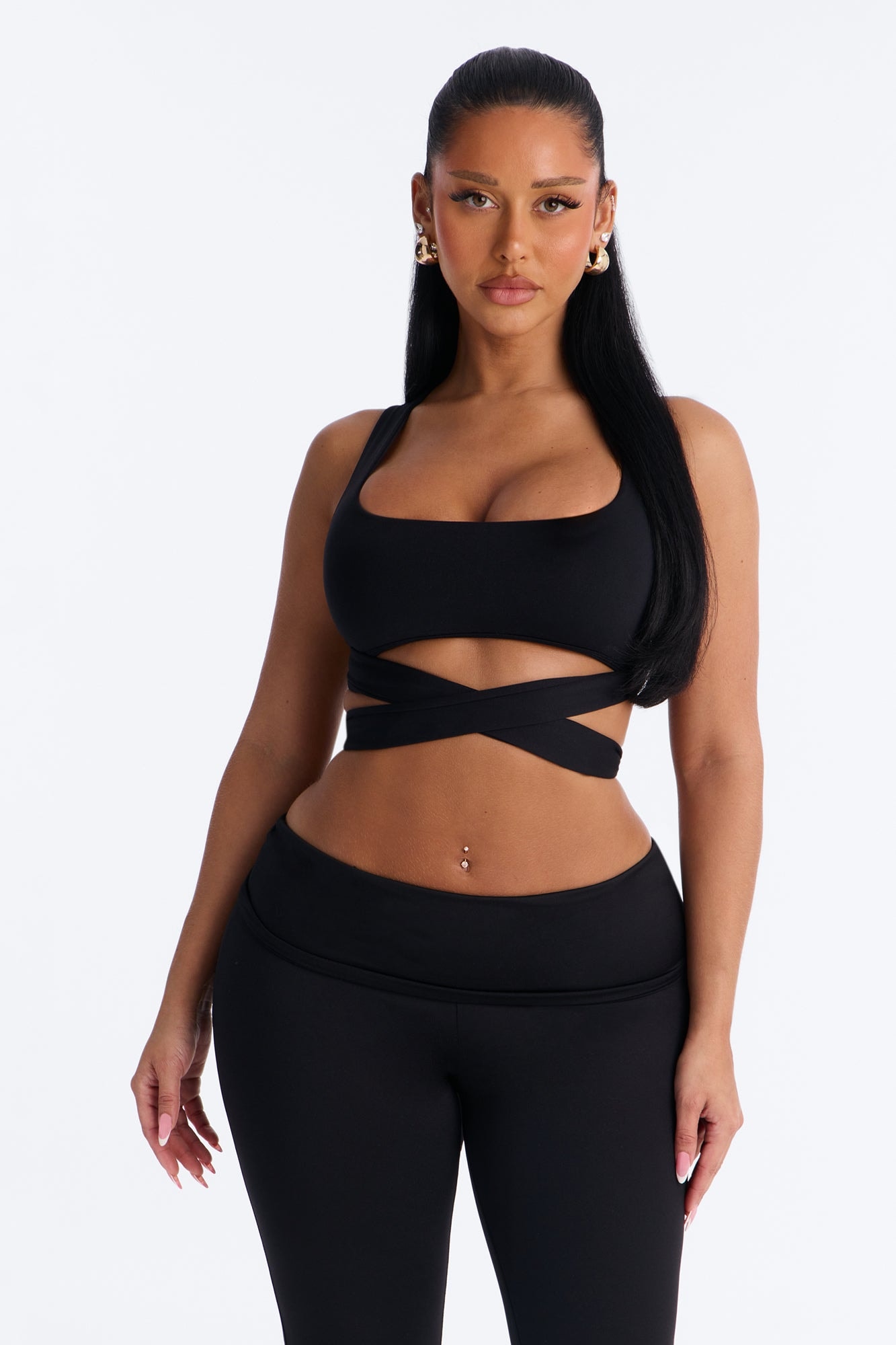 Seamless Smooth Double Lined Tie Waist Bra Top - Black image 1