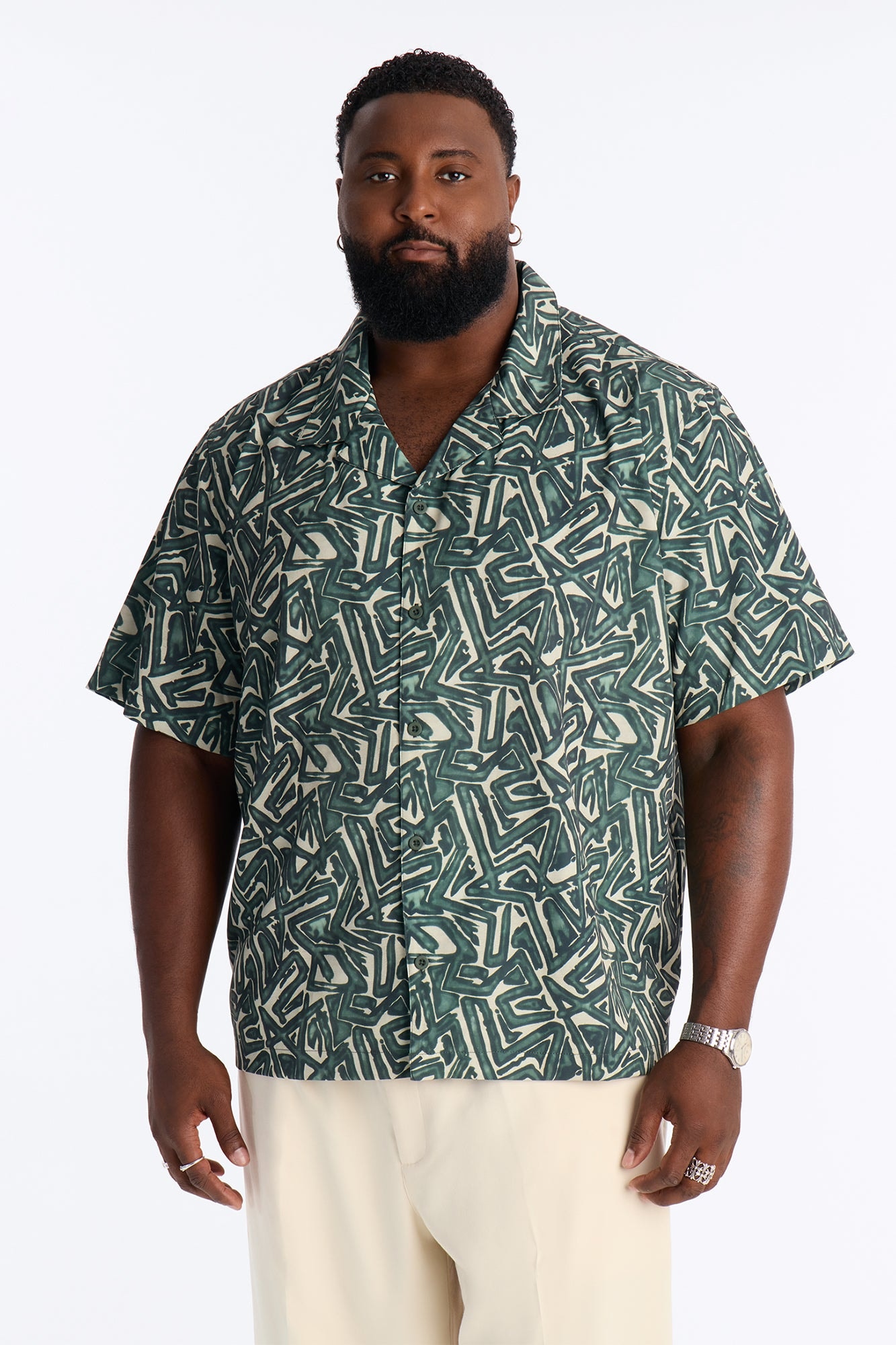 Relaxed Tidal Vector Cuban Collar Button Up Shirt - Green/combo image 1