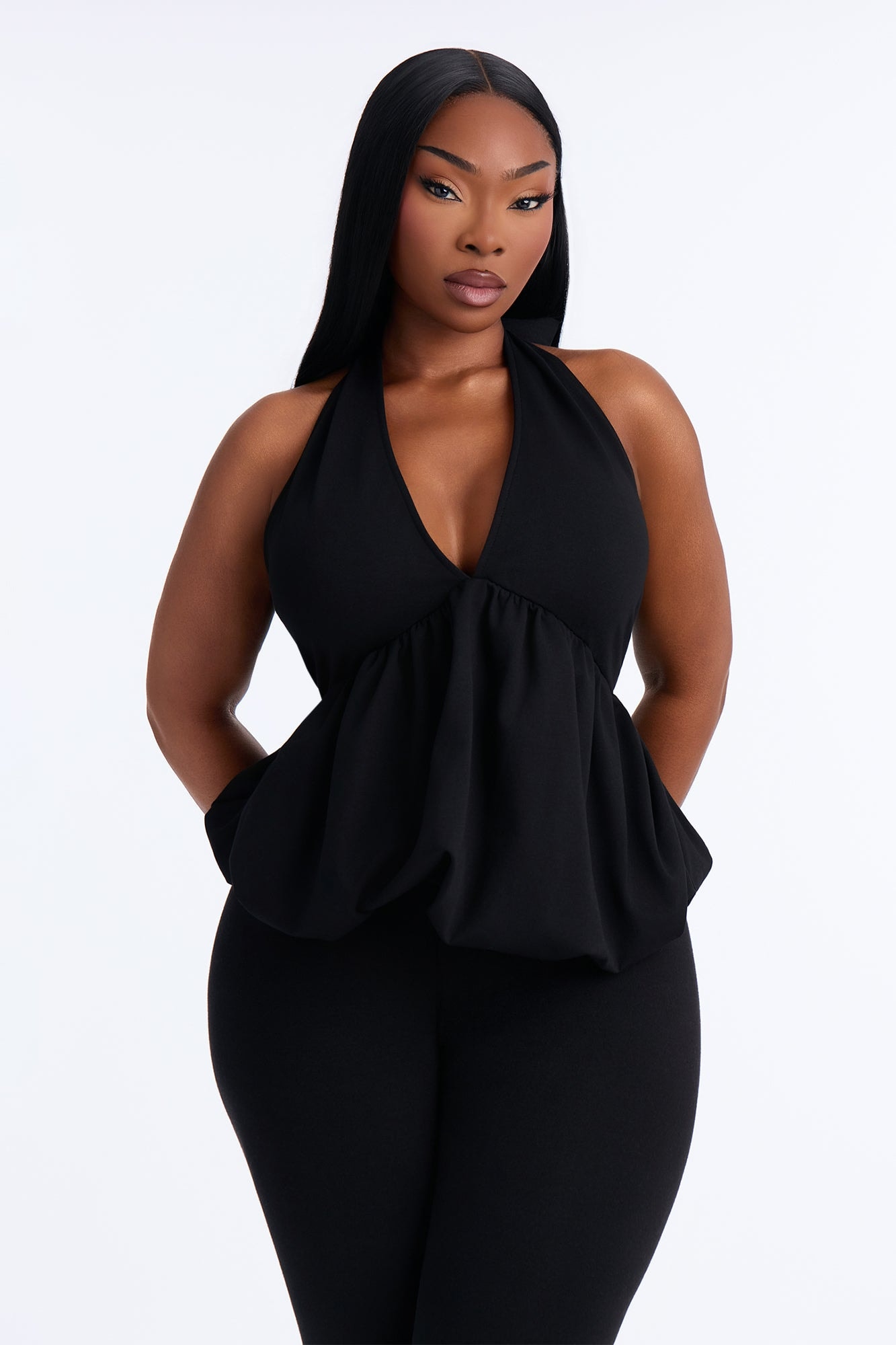 Girl Brunch Bubble Hem Halter Top - Black image 1