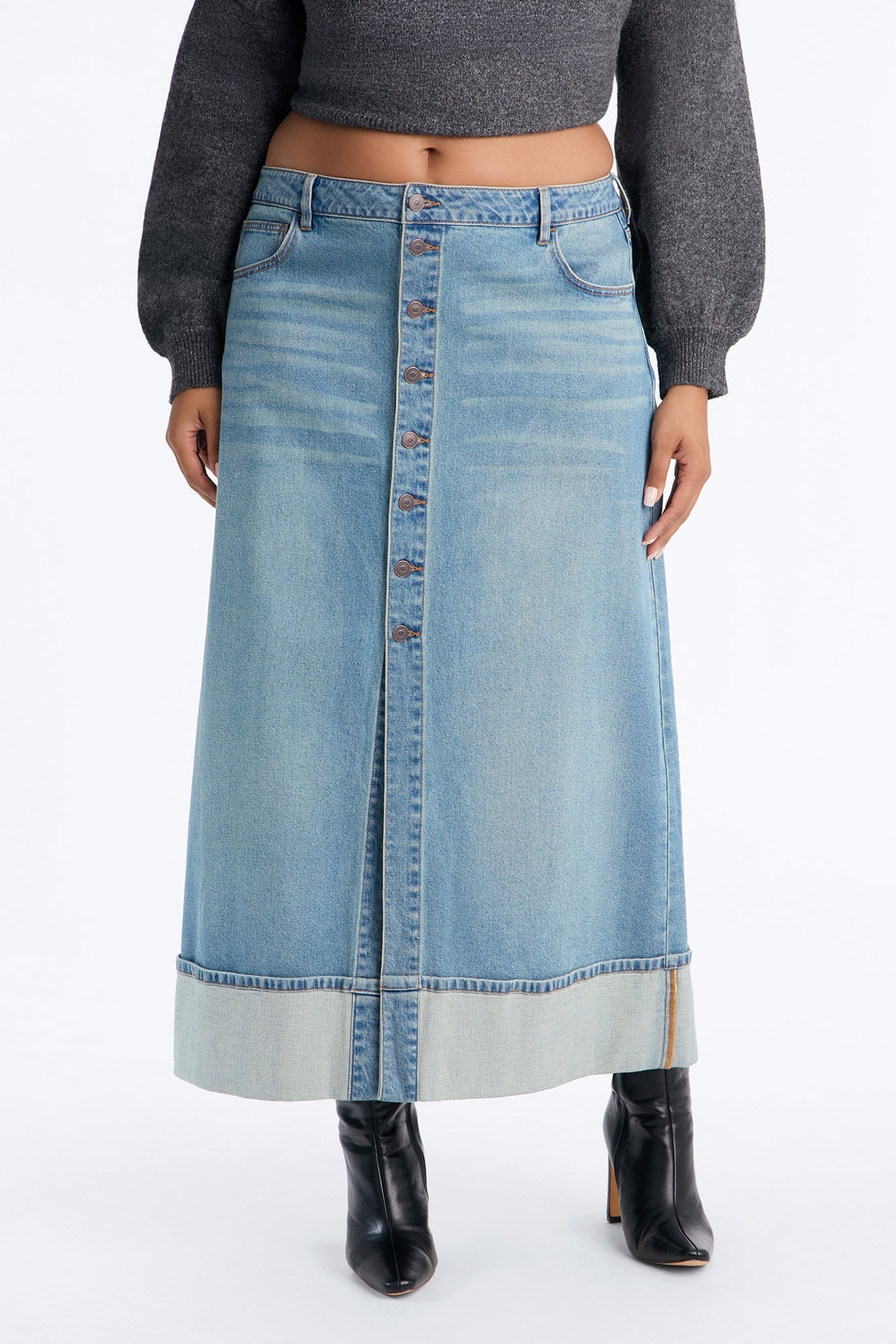 Loulou Mid Rise Denim Cuffed Hem Ankle Maxi Skirt - Vintage Wash image 1