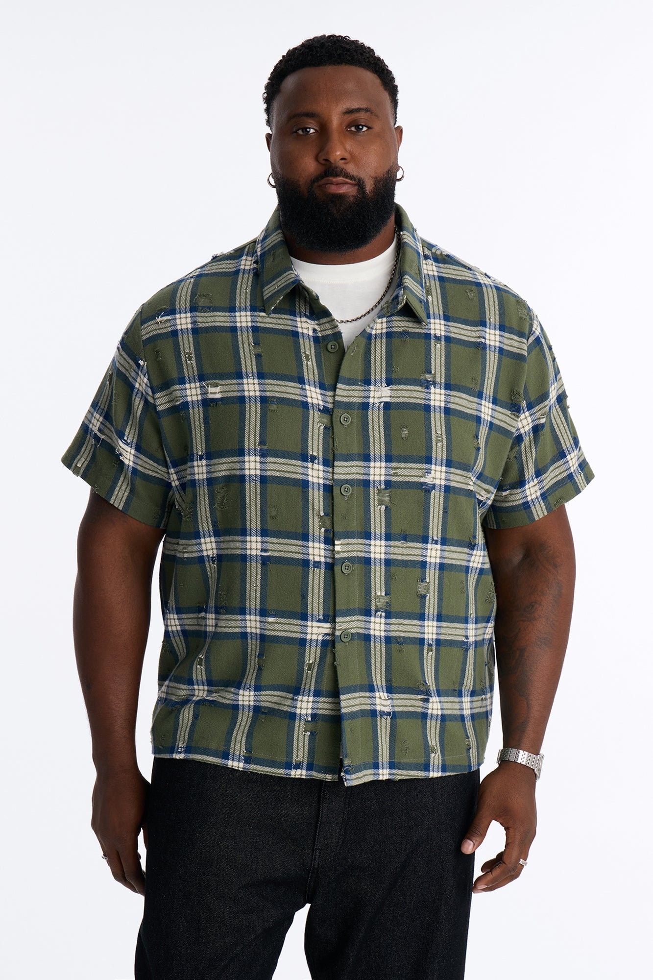 Plaid Washed Flannel Button Up Shirt - Green/combo image 1