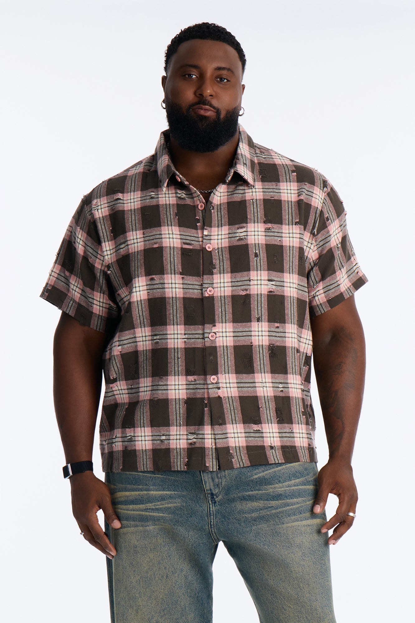 Plaid Washed Flannel Button Up Shirt - Pink/combo image 1