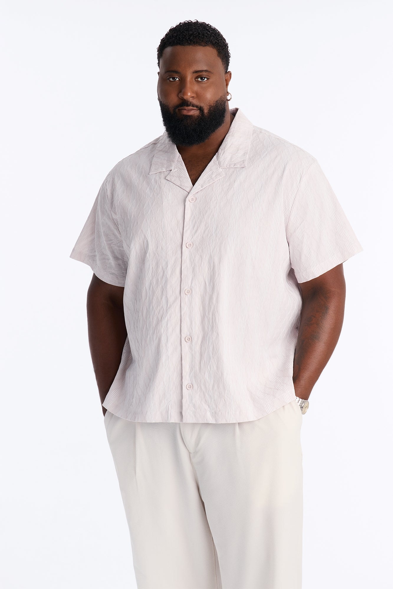 Harbor Stripe Cuban Collar Button Up Shirt - Mauve/combo image 1