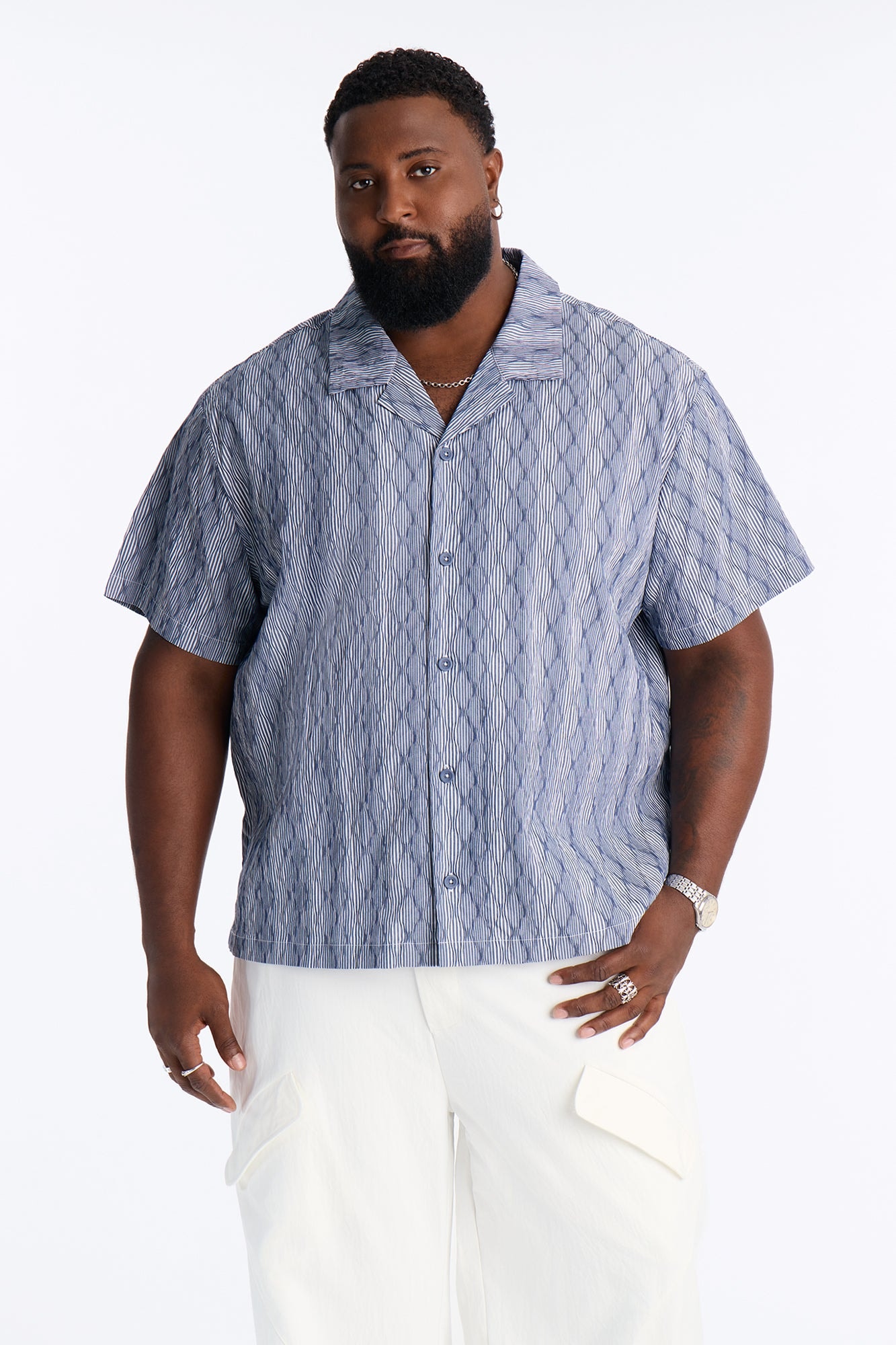 Harbor Stripe Cuban Collar Button Up Shirt - Navy/combo image 1