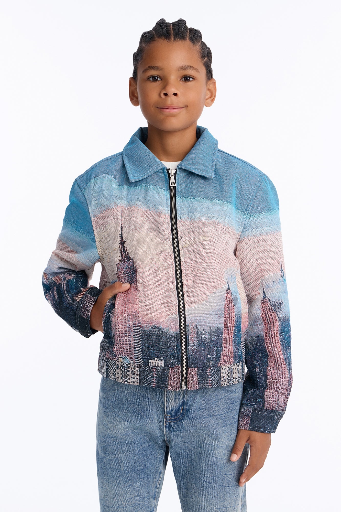 Mini Cropped Tapestry Skyline Work Jacket - Blue image 1