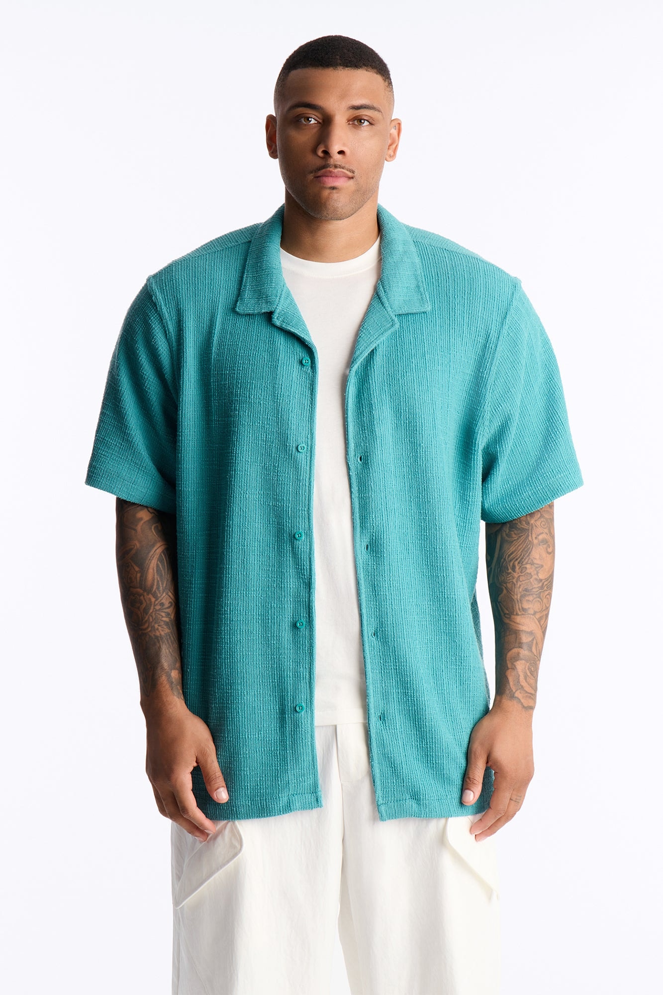 Dean Textured Short Sleeve Button Up Shirt - Teal image 1