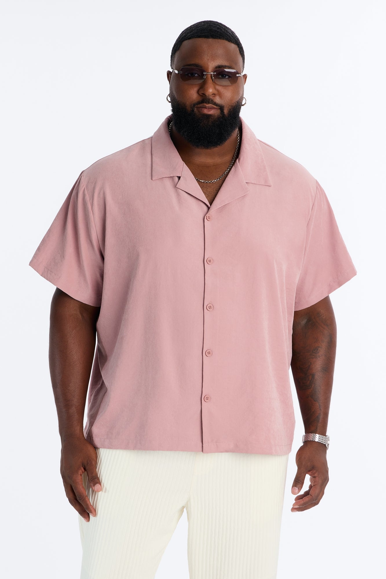 Neo Faux Suede Relaxed Cuban Collar Shirt - Mauve image 1