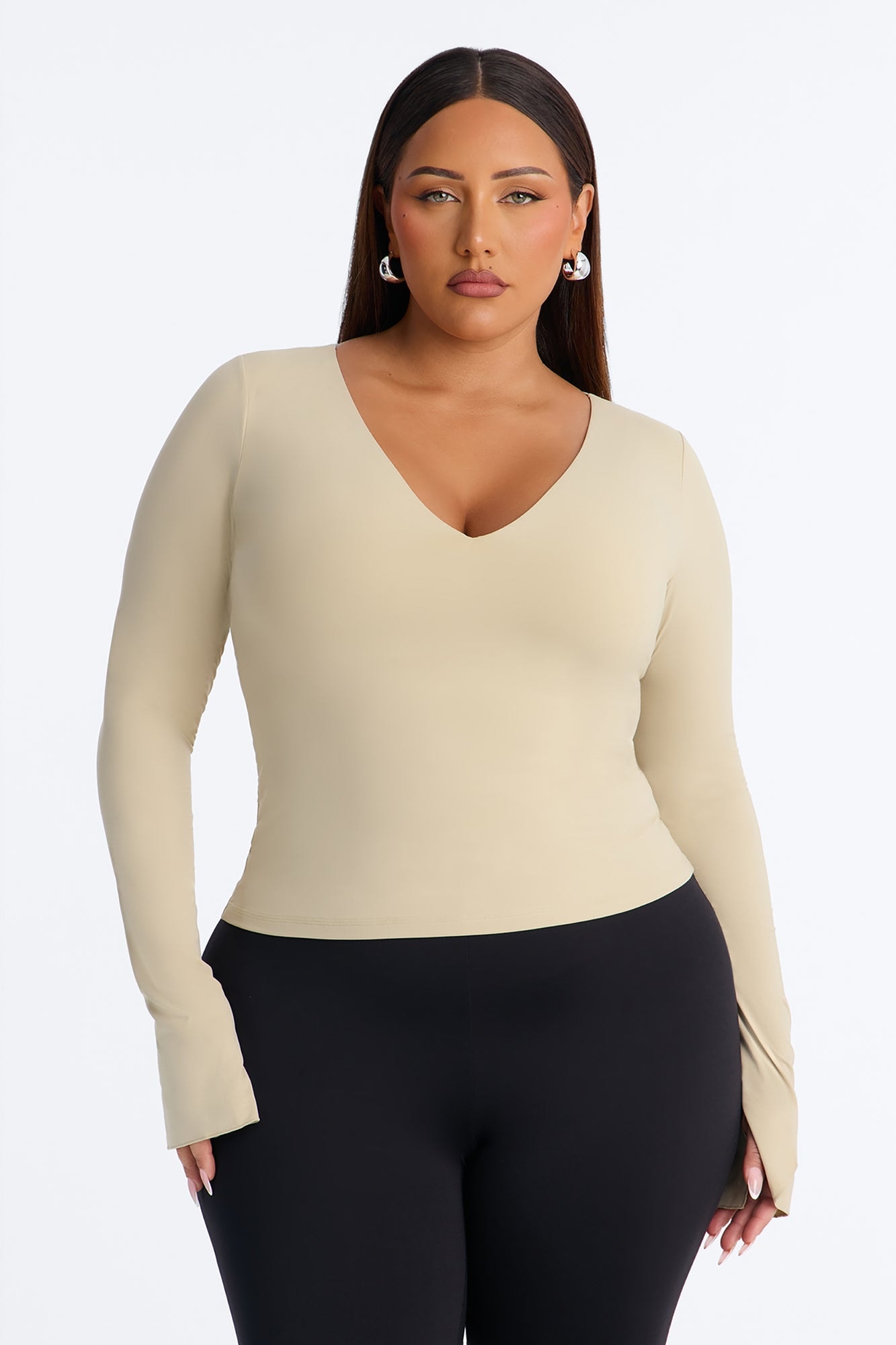 Second Skin Deep U Neck Long Sleeve Top - Stone image 1
