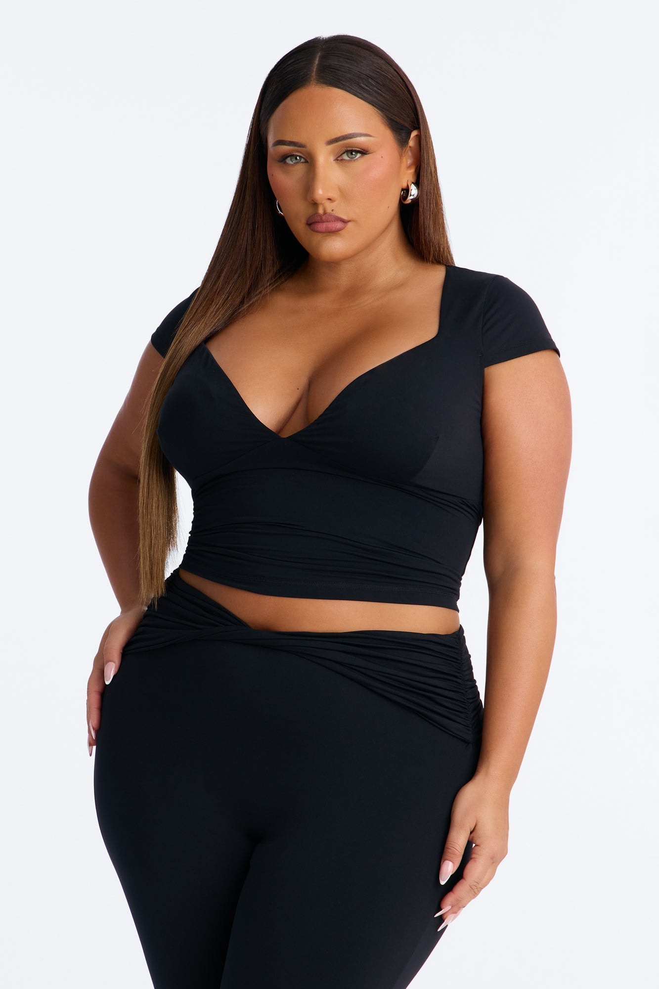 Second Skin Double Lined Bra Pad V Neck Cap Sleeve Top - Black image 1