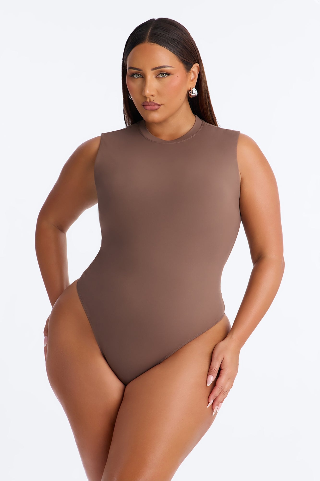 Second Skin Double Lined Mock Neck Sleeveless Bodysuit - Brown image 1