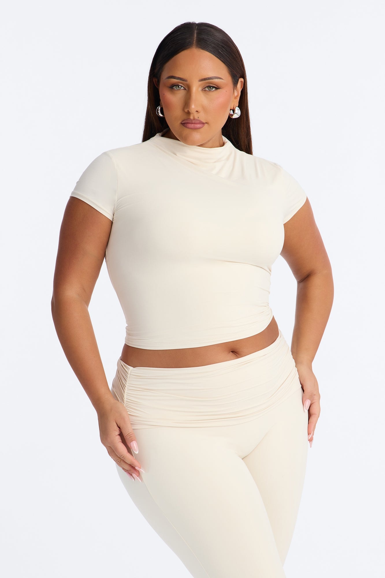 Second Skin Double Lined Mock Neck Short Sleeve Top - Bone image 1