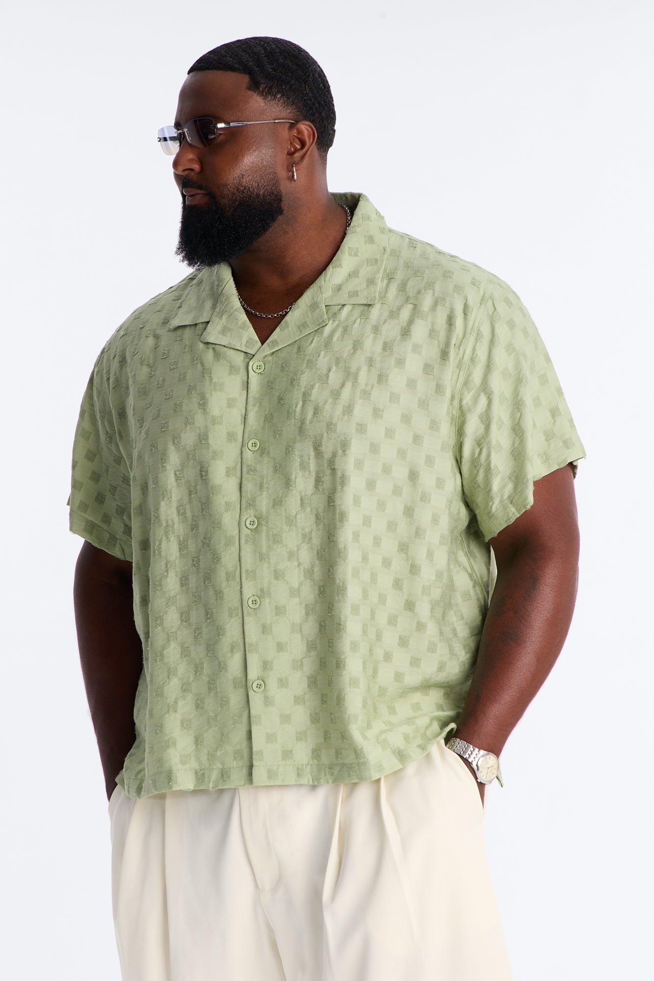 Textured Checkered Cuban Collar Button Up Shirt - Sage image 1