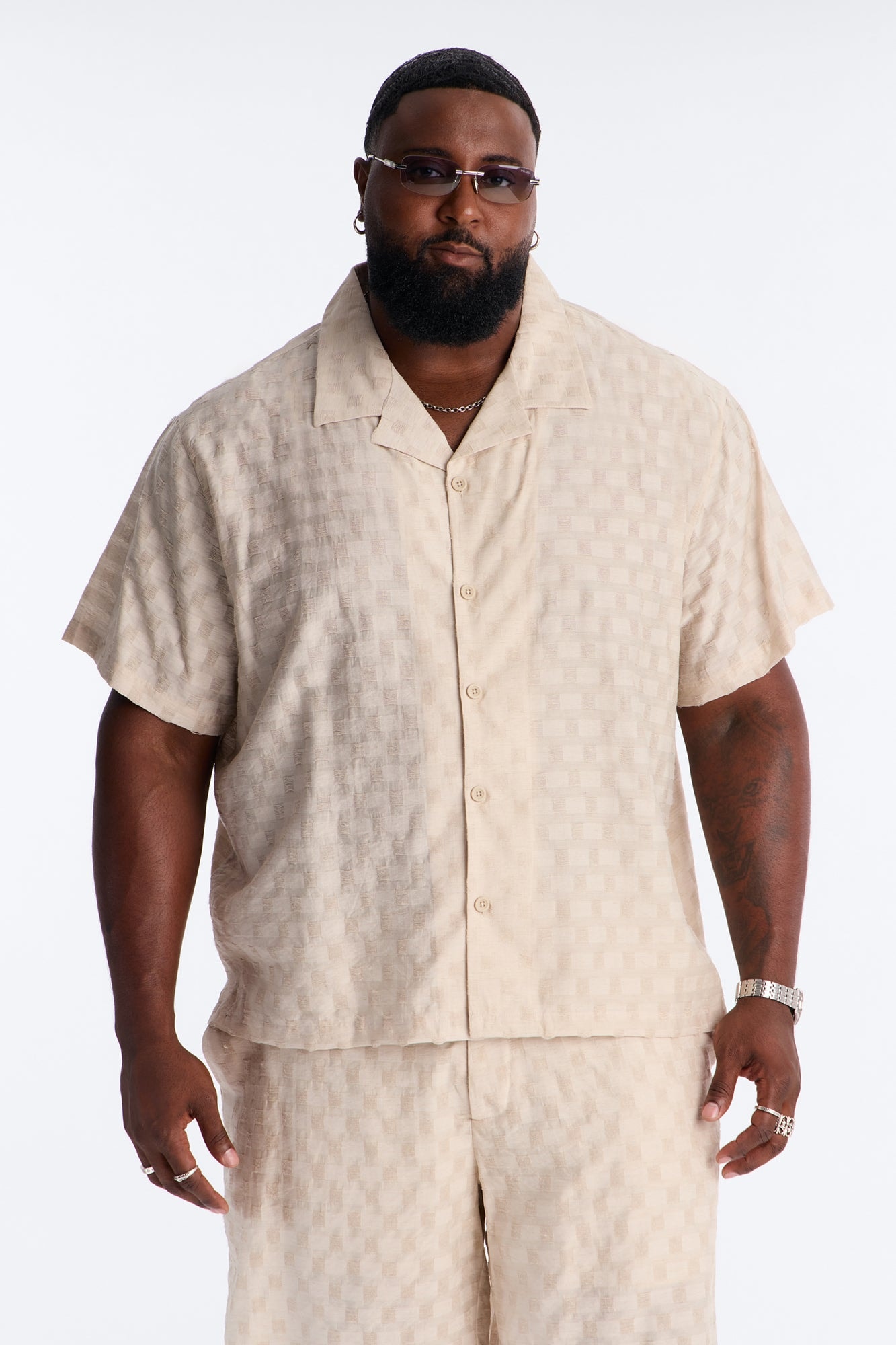 Textured Checkered Cuban Collar Button Up Shirt - Taupe image 1