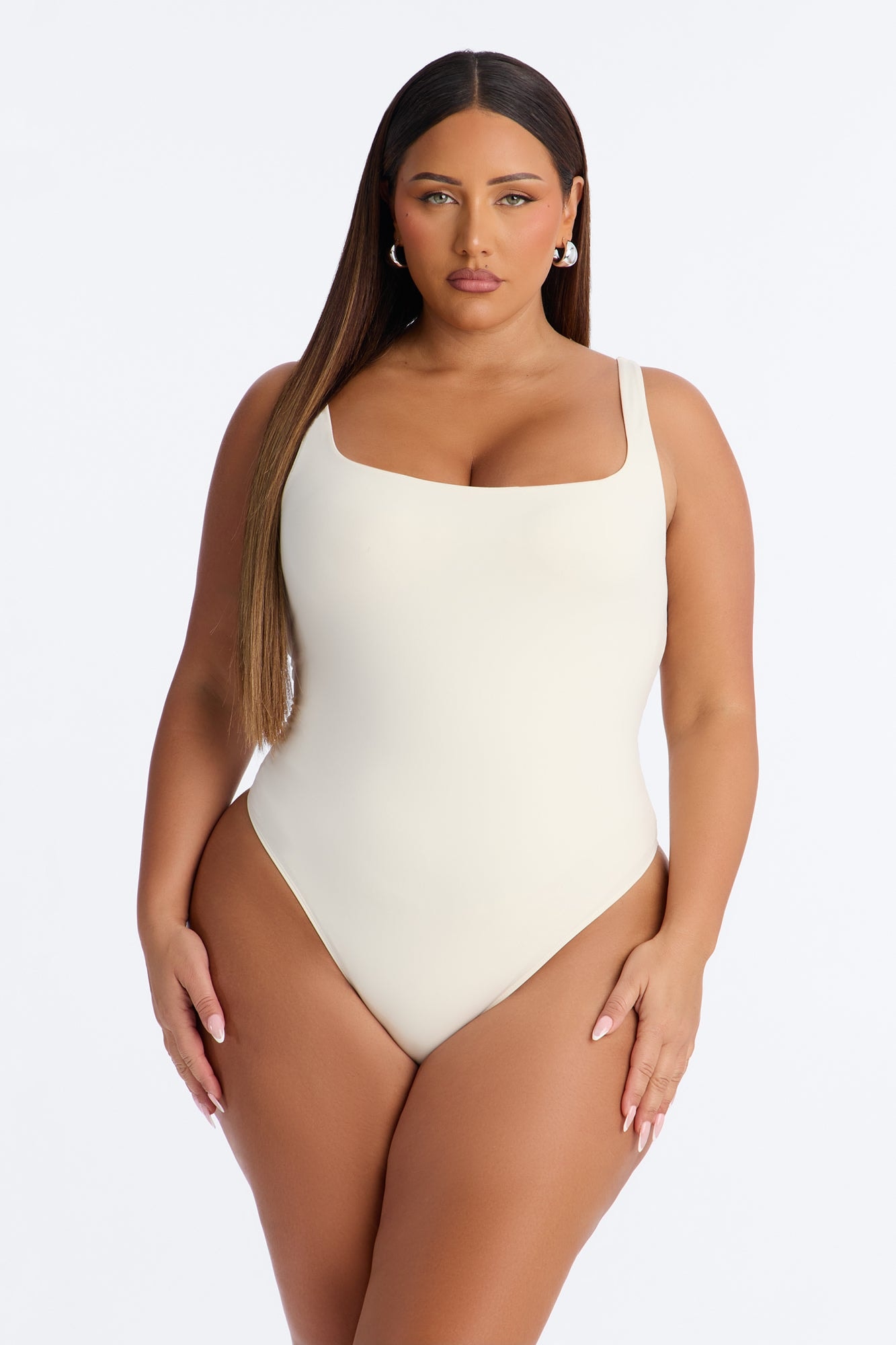 Second Skin Double Lined Square Neck Tank Bodysuit - Bone image 1