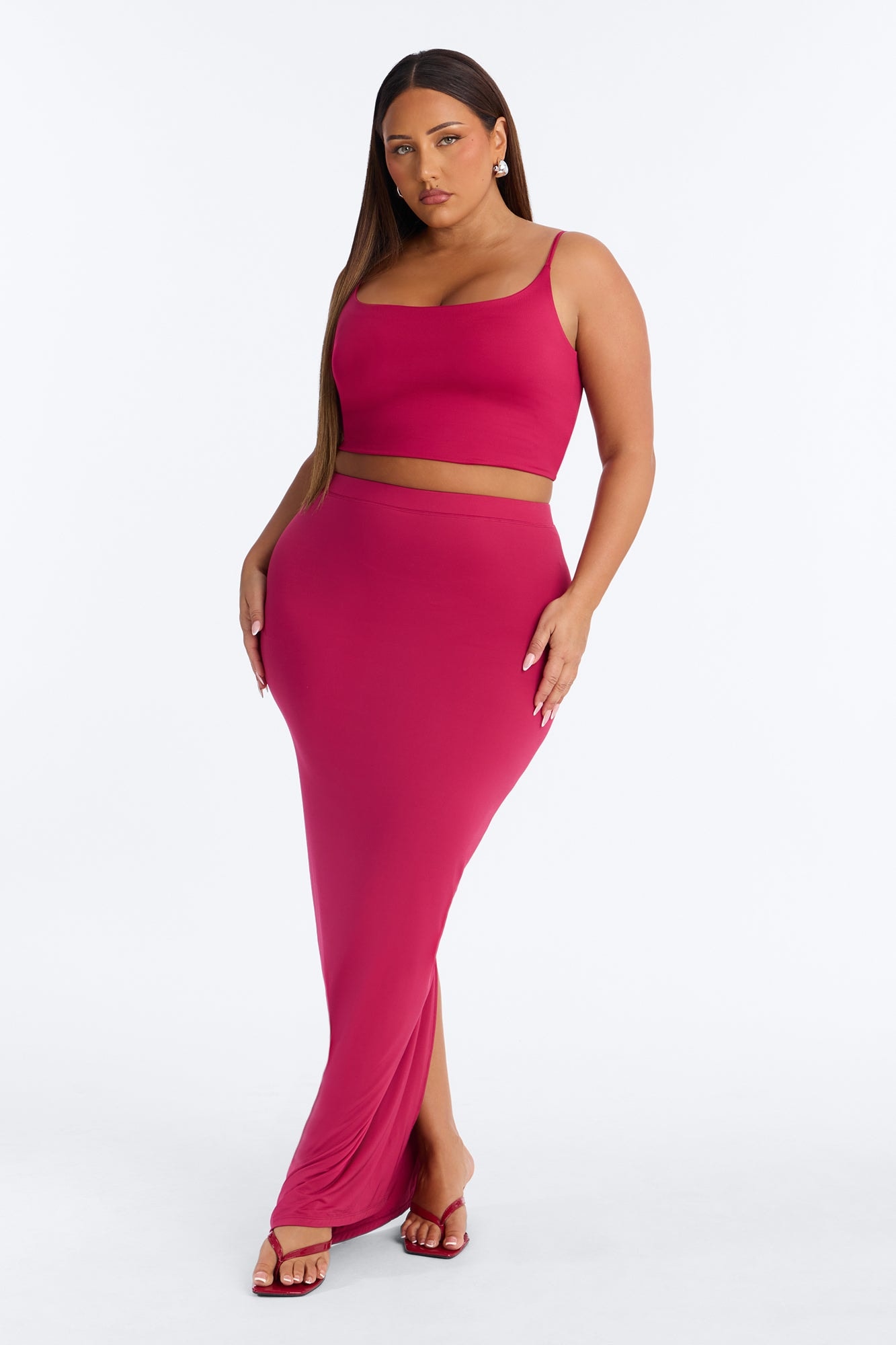 Second Skin Double Lined Ruched Back Slit Maxi Skirt - Raspberry image 1