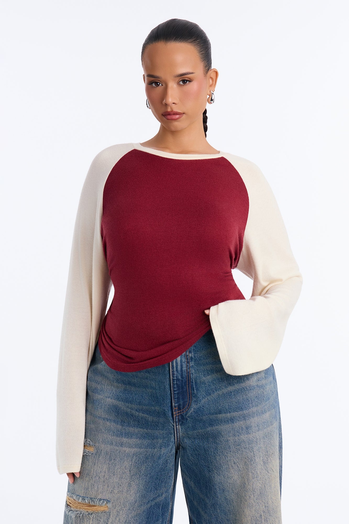 Still Got It Lace Up Raglan Baseball Sweater - Burgundy/combo image 1