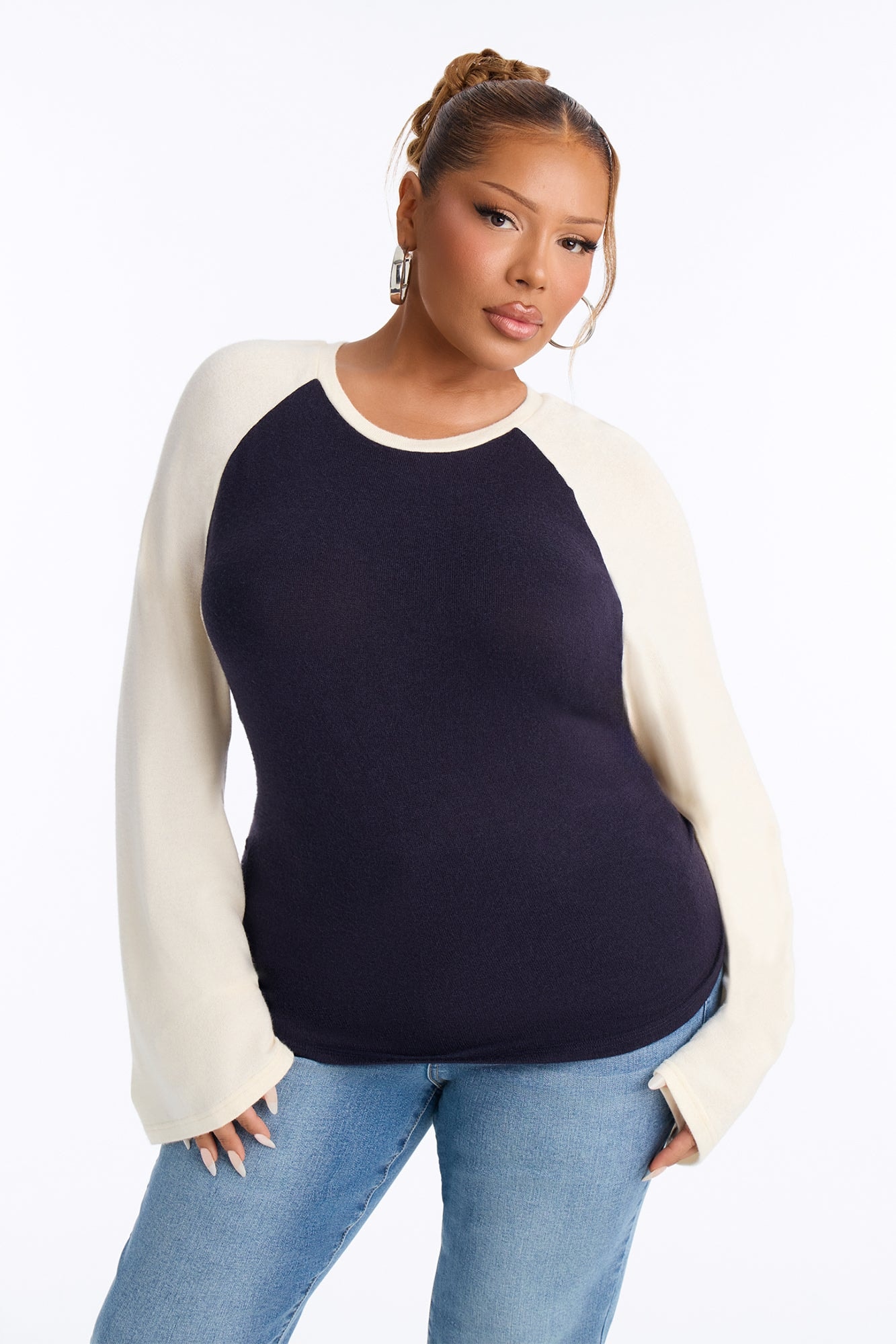 Still Got It Lace Up Raglan Baseball Sweater - Navy/combo image 1