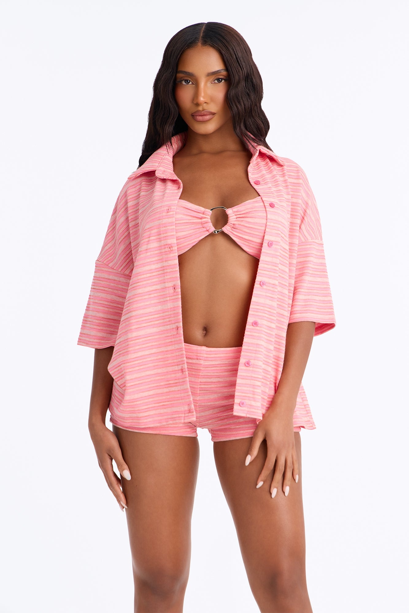 Coastal Chill Striped 3 Piece Short Set - Pink image 1