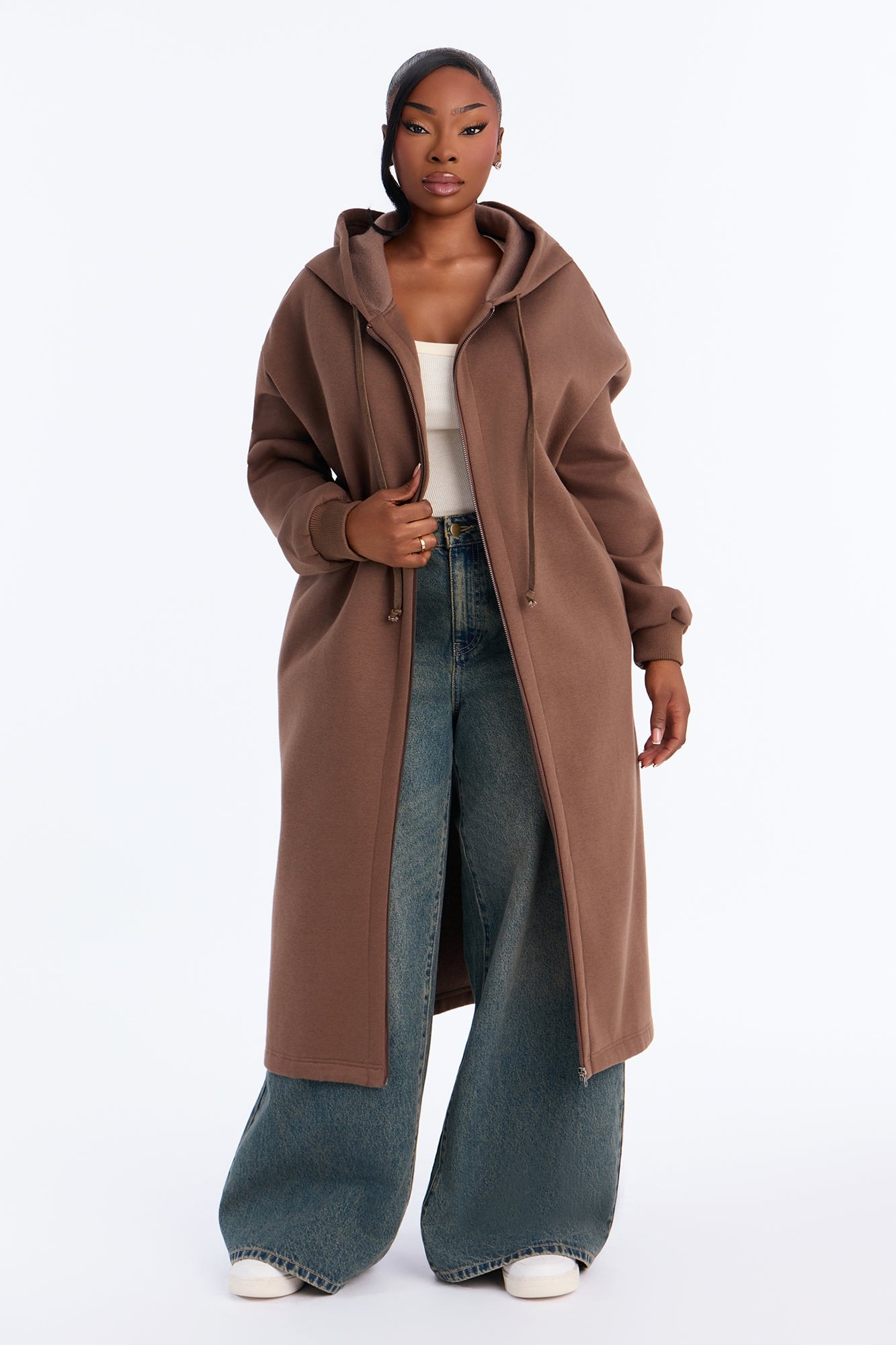 Sunday Lounge Fleece Hooded Long Jacket - Brown image 1