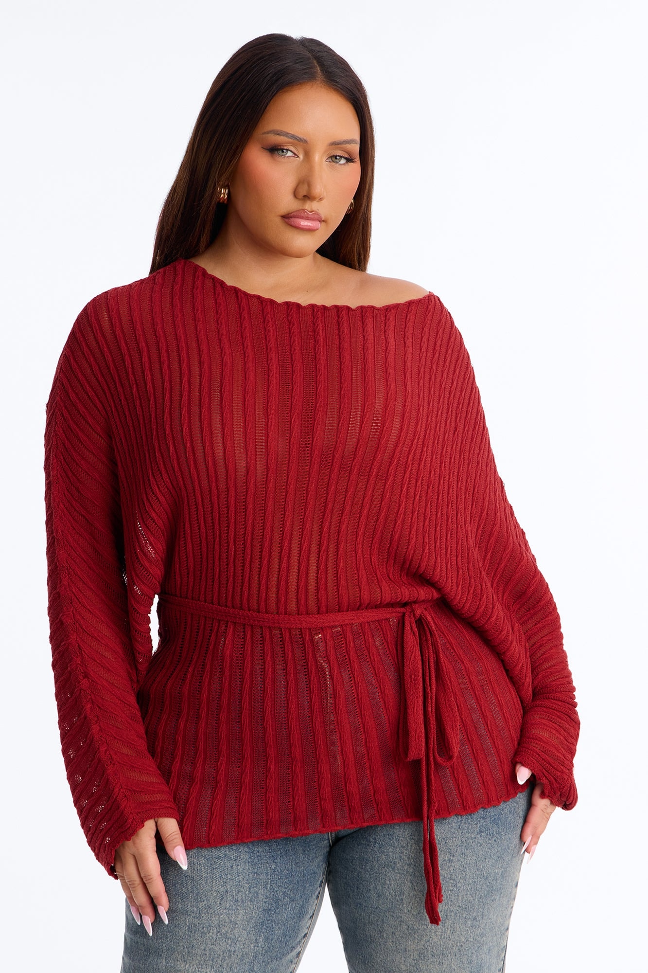 Silent Romance Tie Waist Pullover Sweater - Rust image 1