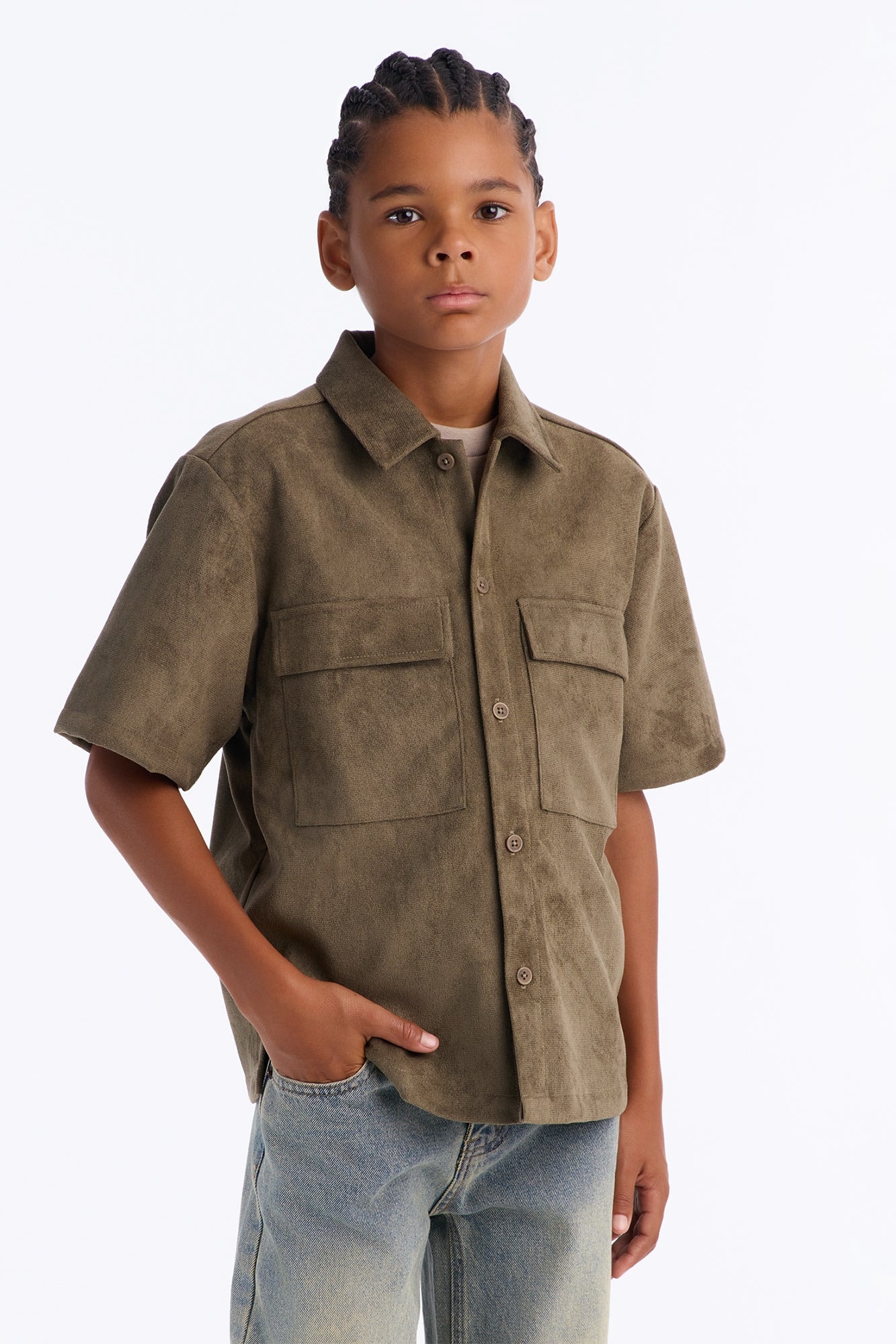 Mini Relaxed Brushed Double Pocket Button Up Shirt - Olive image 1