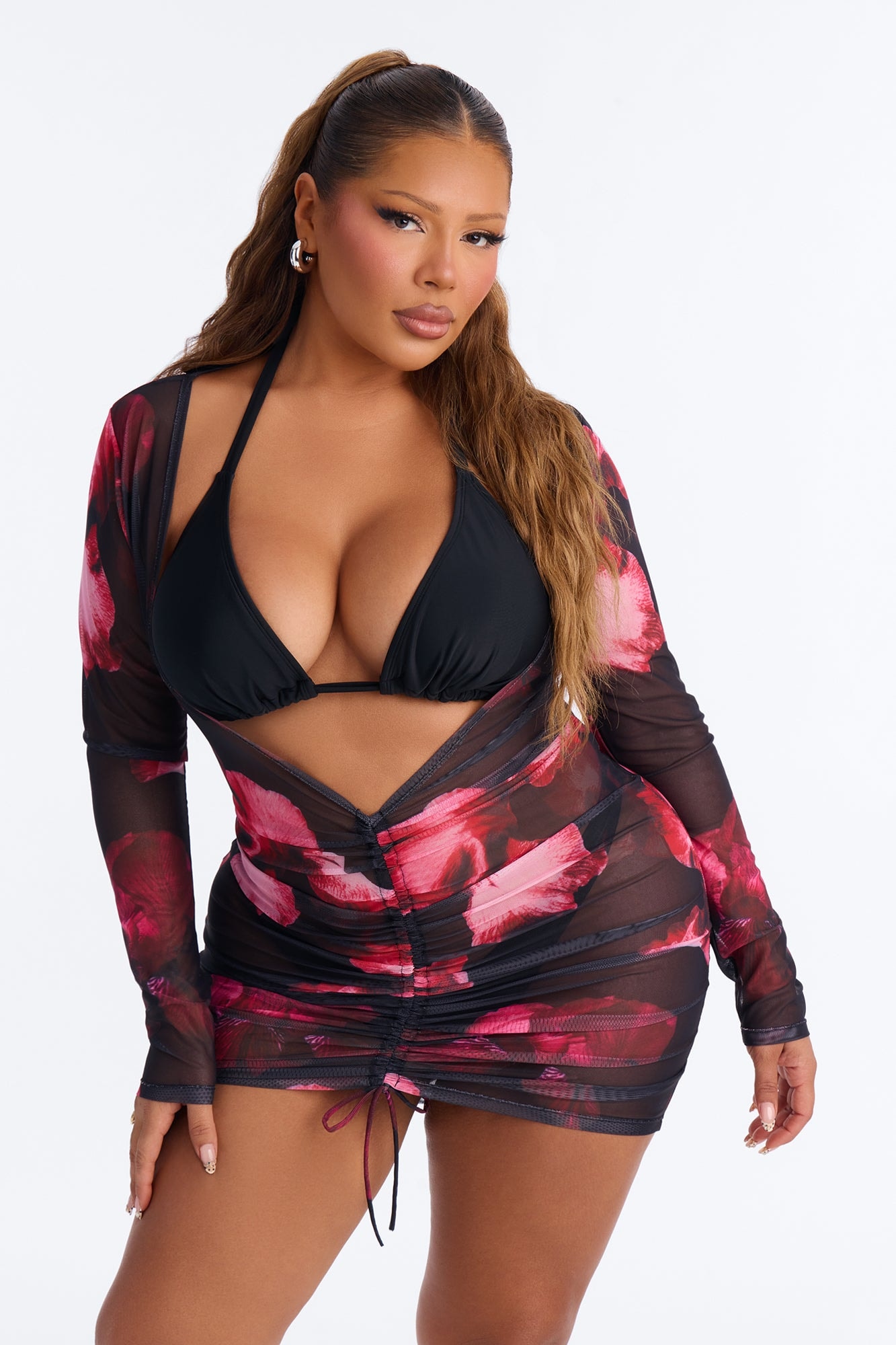 Mermaid Kisses Sheer Floral Long Sleeve Deep V-Neck Swim Cover Up Mini Dress - Black/combo image 1